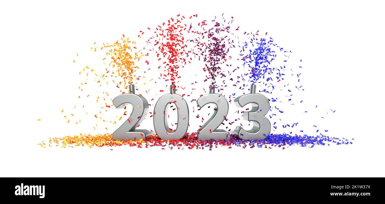 2023 célébration avec confetti - 3D rendu du texte sur fond blanc Banque D'Images