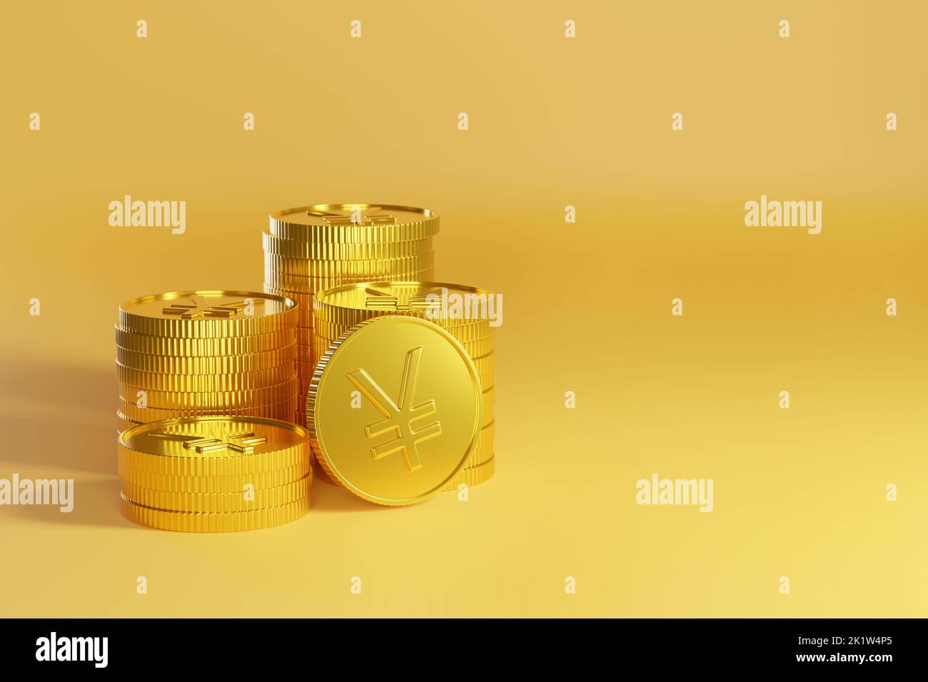 Pièces d'or avec signe yuan/yen sur fond jaune avec espace de copie. 3d illustration. Banque D'Images