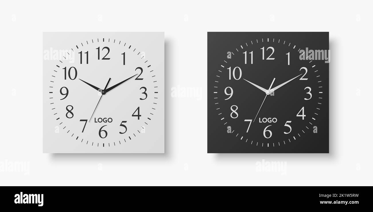 Vector 3D Realistic White, Black Square Wall Office Clock Set, modèle de conception isolé sur blanc. Composer avec des chiffres romains. Maquette de l'horloge murale pour Illustration de Vecteur