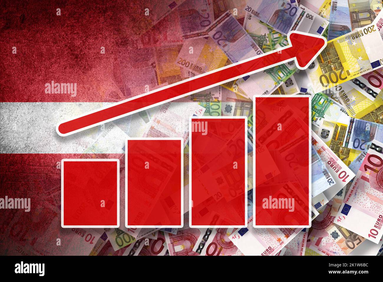 Graphique de l'économie : flèche montante, billets en euros en espèces et drapeau letton (monnaie, économie, affaires, finances, crise) Banque D'Images