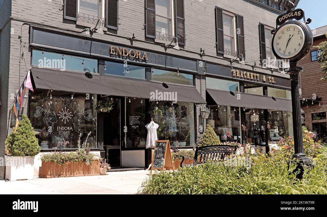 Center Street à Douglas, Michigan, États-Unis avec ses boutiques pittoresques, notamment Endora et Brackett & Co., et Douglas horloge en été. Banque D'Images
