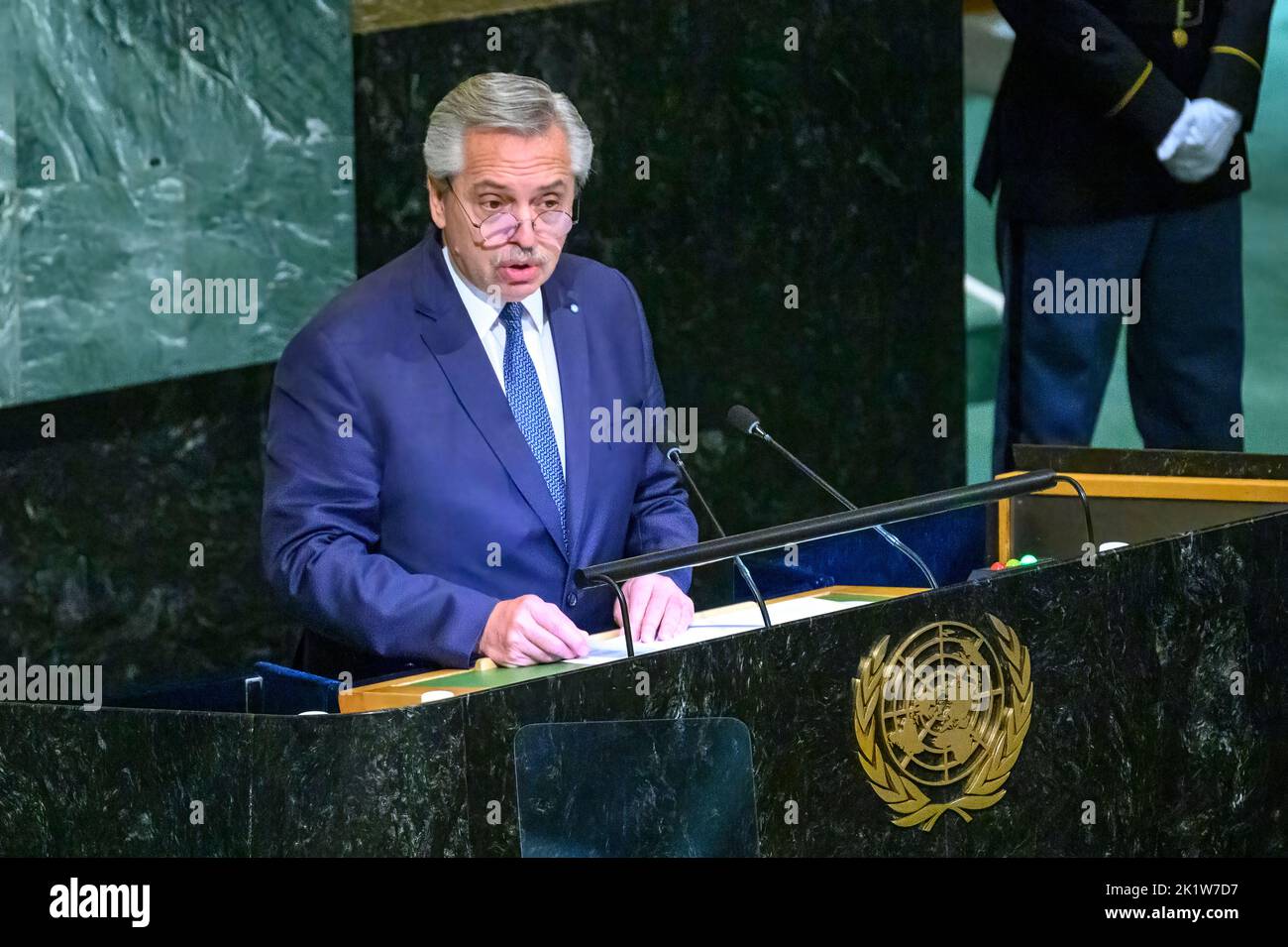 New York, États-Unis. 20th septembre 2022. Le président argentin Alberto Fernandez s'adresse au débat général de l'Assemblée générale des Nations Unies de 77th. Credit: Enrique Shore/Alay Live News Banque D'Images