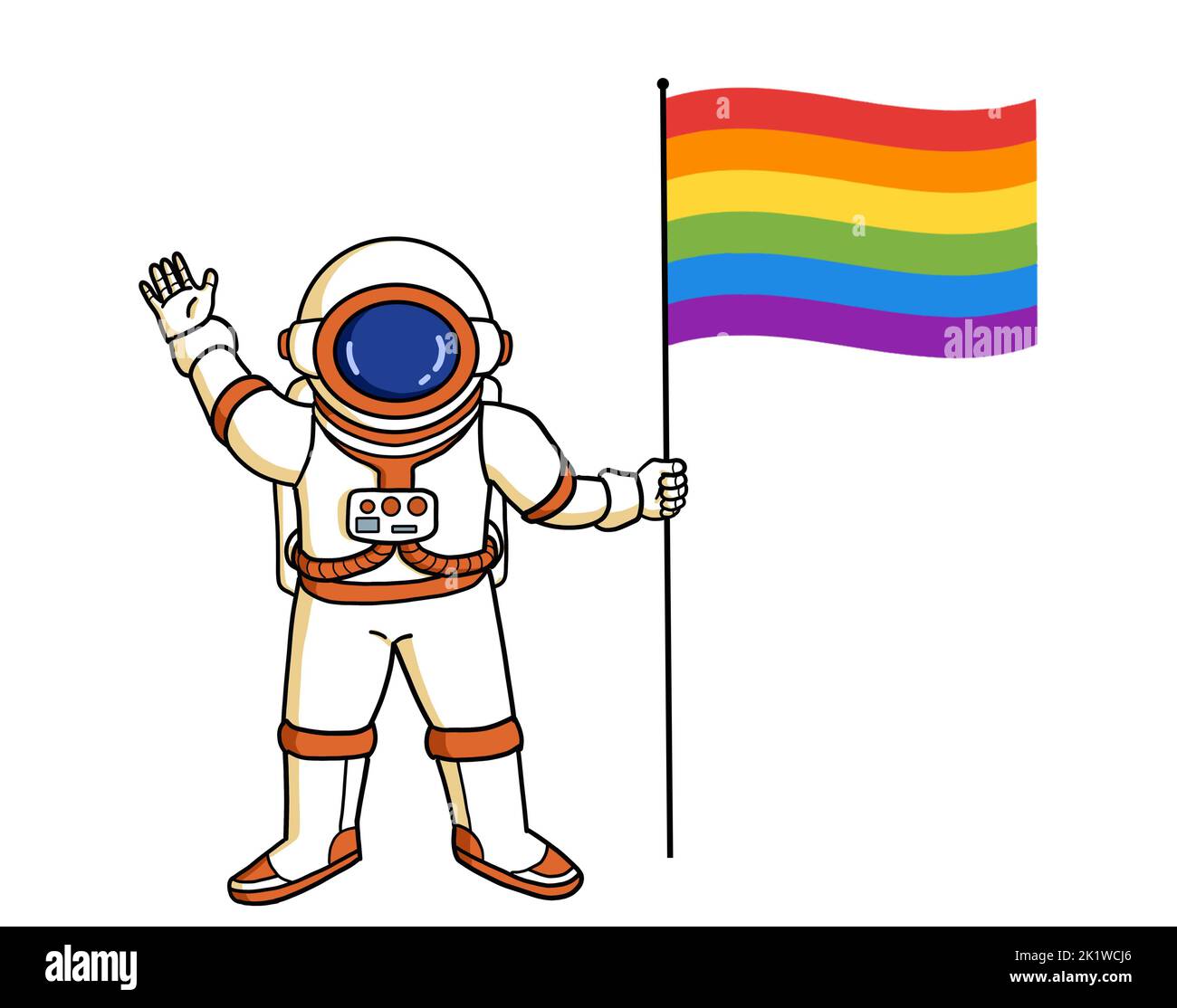 Un astronaute portant un drapeau arc-en-ciel de fierté gay. Concept de leadership et de diversité du gagnant LGBTQ. Banque D'Images