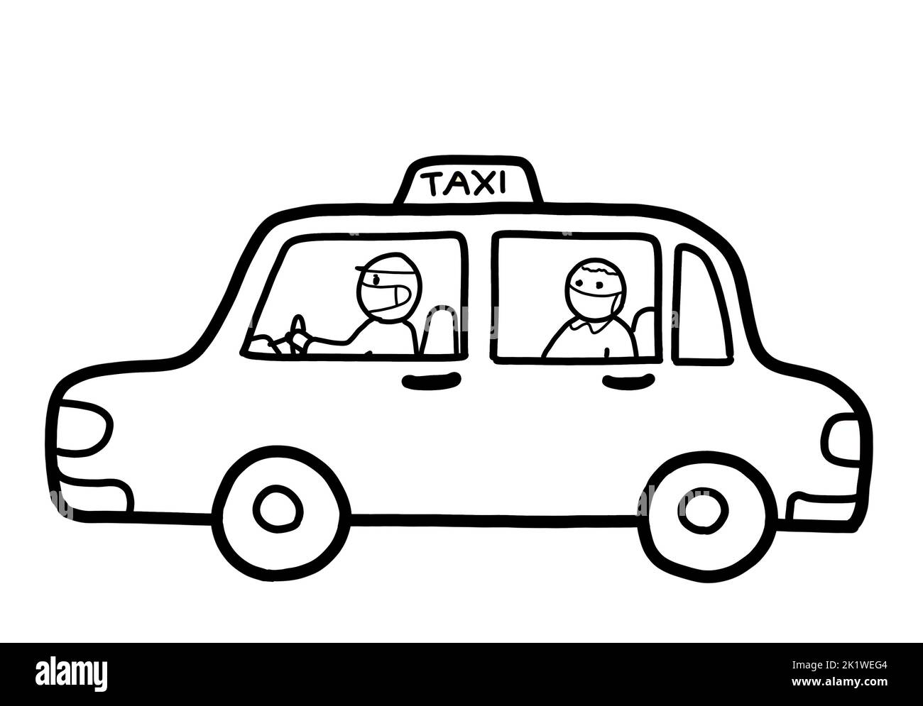 Une voiture de taxi avec un conducteur et des passagers des personnes portant un masque de protection. Concept de voyage en santé et sécurité. Banque D'Images