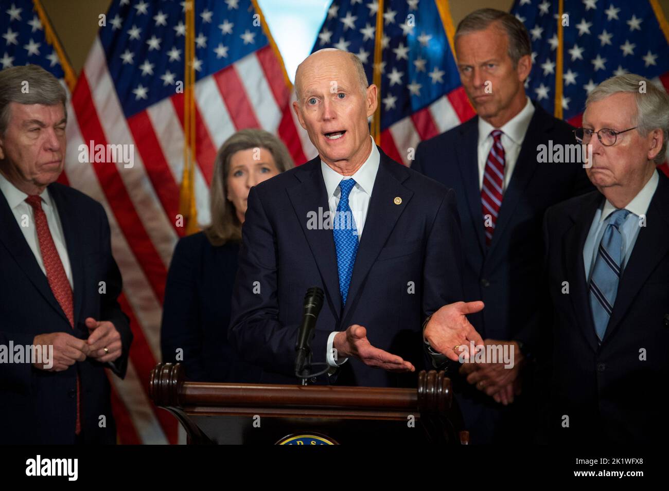 Le sénateur américain Rick Scott (républicain de la Floride) fait des remarques lors du Republicanâs déjeuner-conférence de presse du Sénat sur la politique, au Capitole des États-Unis à Washington, DC, mardi, 20 septembre 2022. Crédit : Rod Lamkey/CNP Banque D'Images