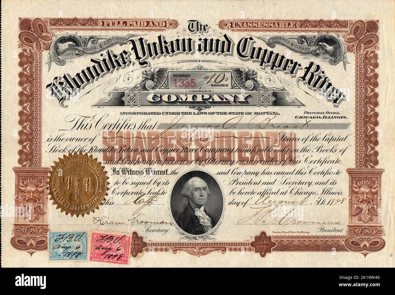 1898 CERTIFICAT de stock DE LA COMPAGNIE KLONDIKE, YUKON ET COPPER RIVER - document sur la ruée vers l'or du Klondike Banque D'Images