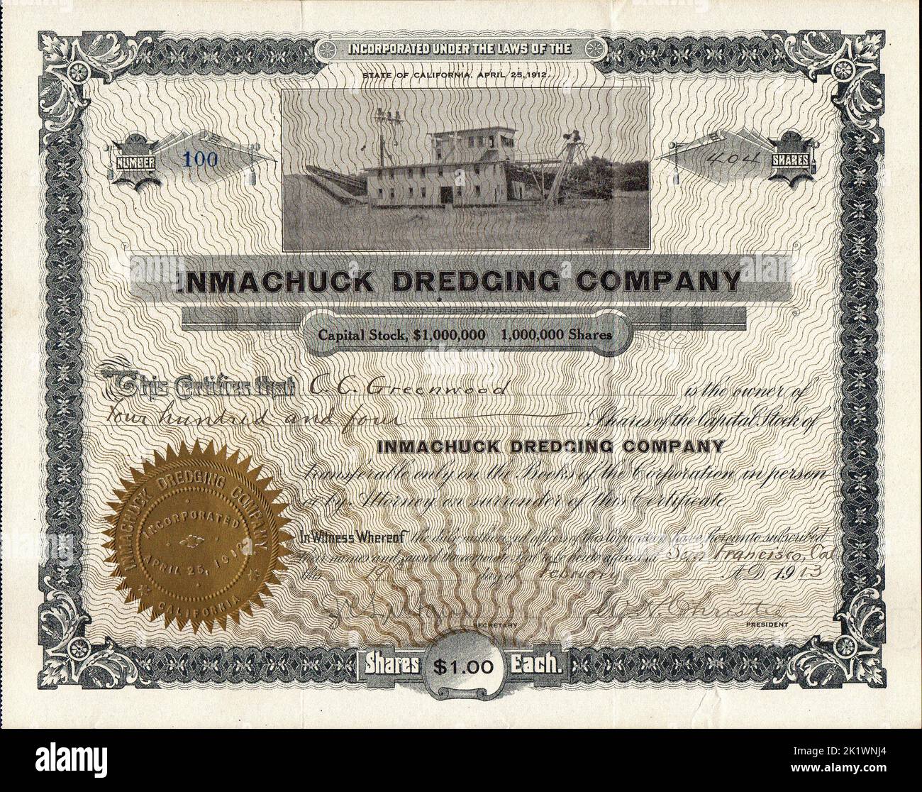 Certificat de stock original d'une ancienne Alaska Mining Company - États-Unis Banque D'Images