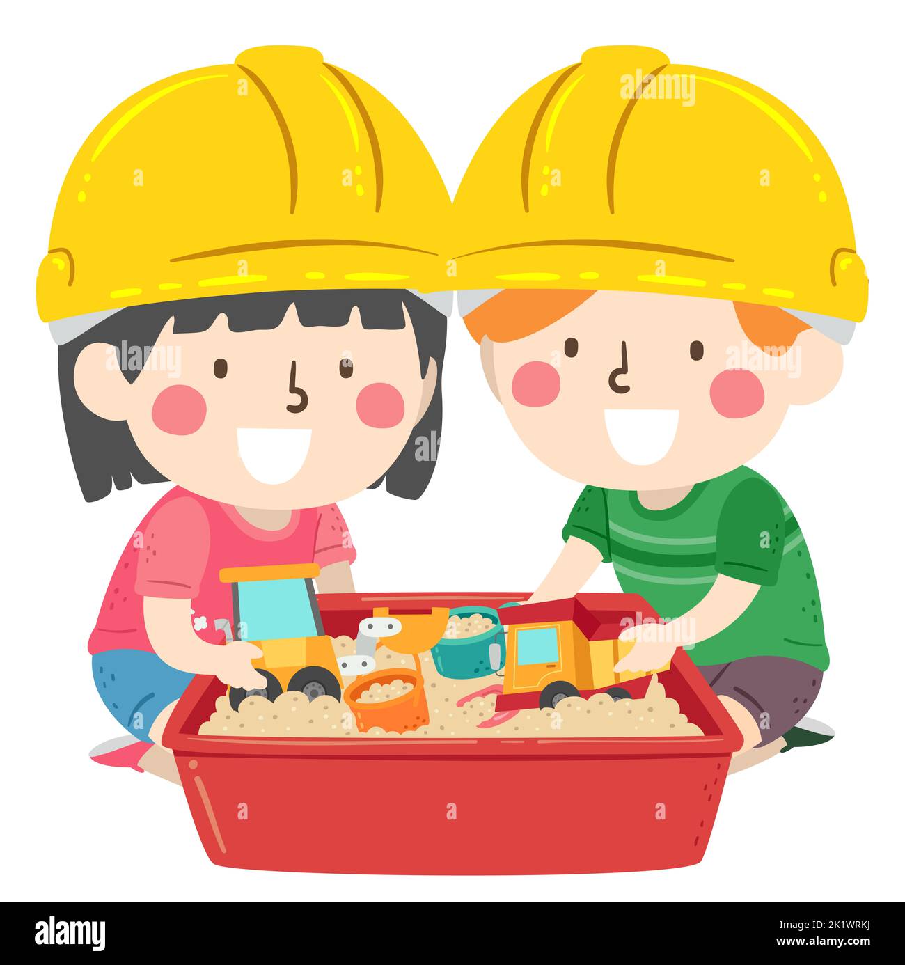 Illustration des enfants portant un chapeau rigide jaune et jouant avec des jouets de construction dans la sandbox Banque D'Images