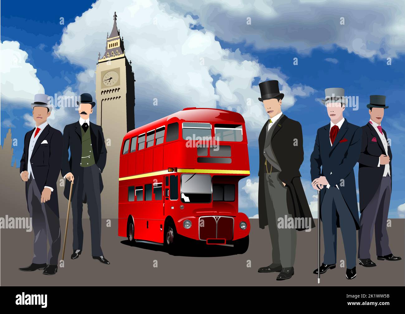 Cinq beaux messieurs sur Londres. Illustration vectorielle couleur 3D Illustration de Vecteur