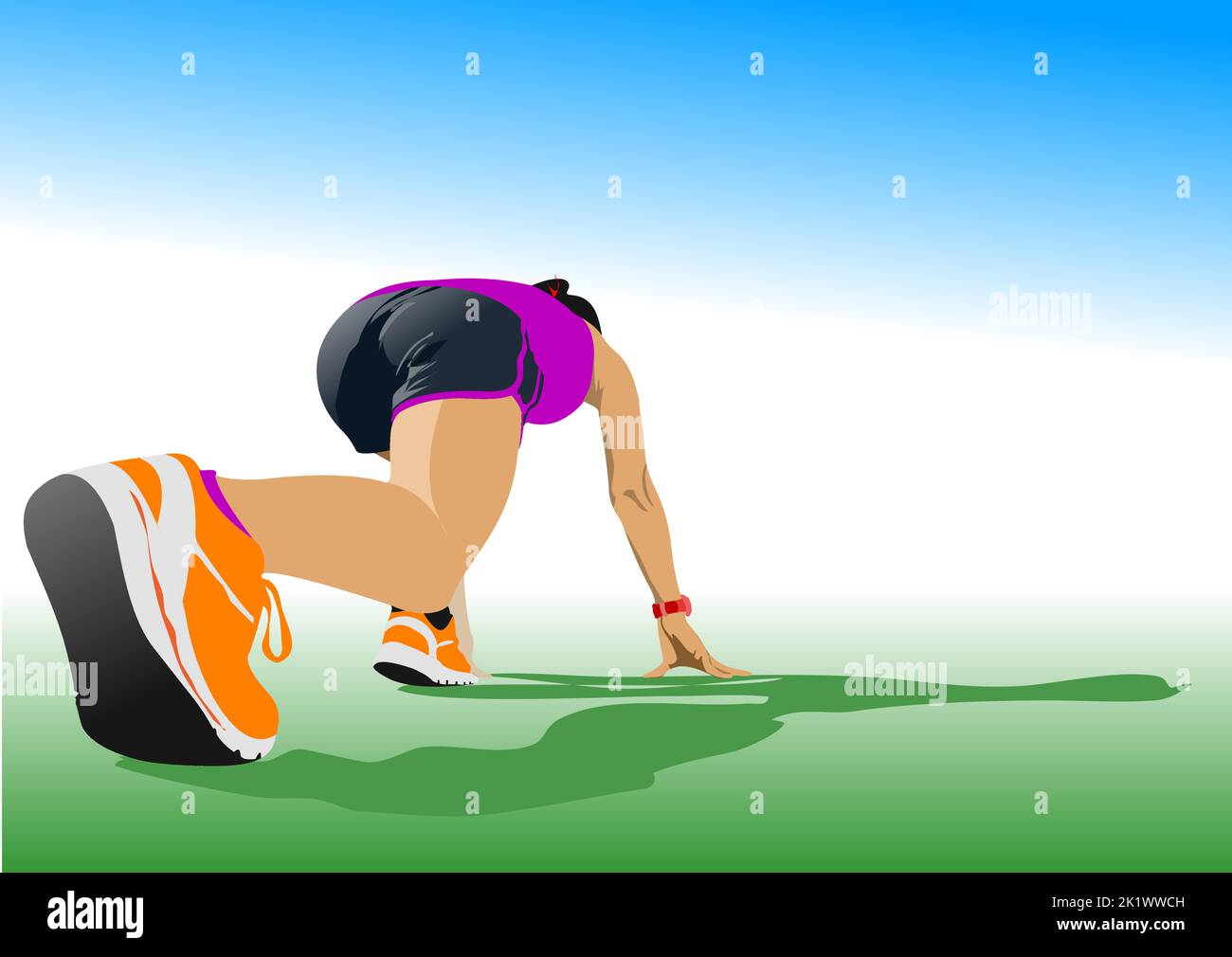 La femme à la course à pied. Piste et champ. Démarrer. Illustration de Vector 3D Illustration de Vecteur