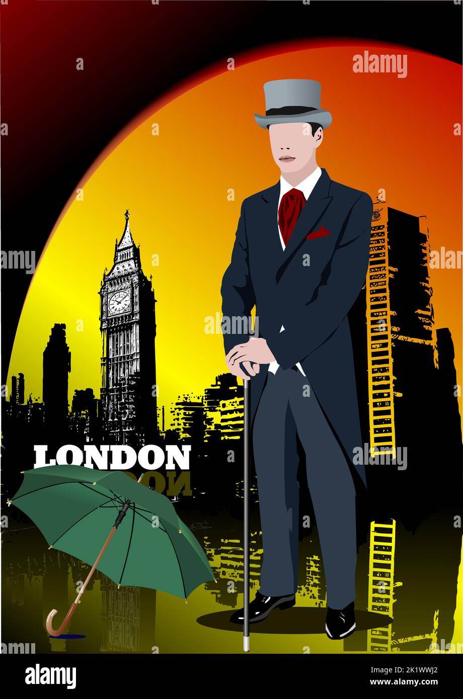 London Gentleman sur fond de ville. Illustration vectorielle couleur 3D Illustration de Vecteur