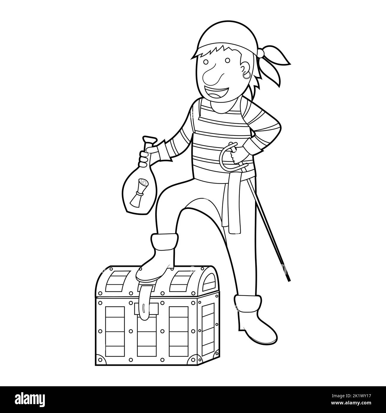 Livre de coloriage pour enfants, le pirate de dessin animé est debout sur une poitrine. Vecteur isolé sur fond blanc Illustration de Vecteur