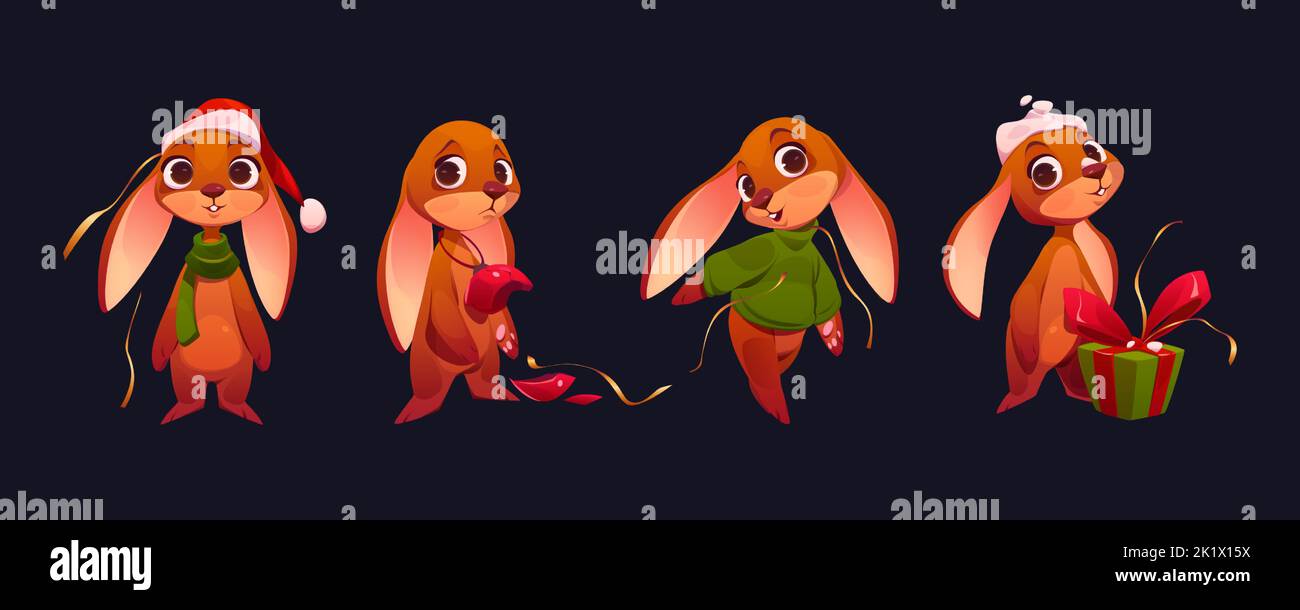 Adorable personnage de dessin animé de lapin de Noël, lapin de Noël drôle en chapeau de père Noël, foulard vert, chandail, tenue de boule cassée et boîte-cadeau. Personnage animal pour les fêtes d'hiver, illustration Vector Illustration de Vecteur