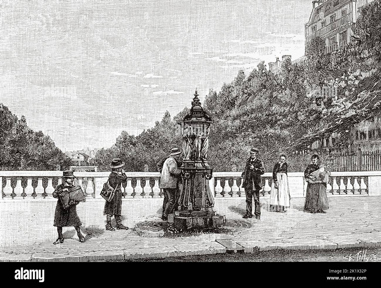 Une fontaine Wallace à Paris près de la rue de Rome, France. Ancienne illustration gravée du 19th siècle de la nature 1890 Banque D'Images