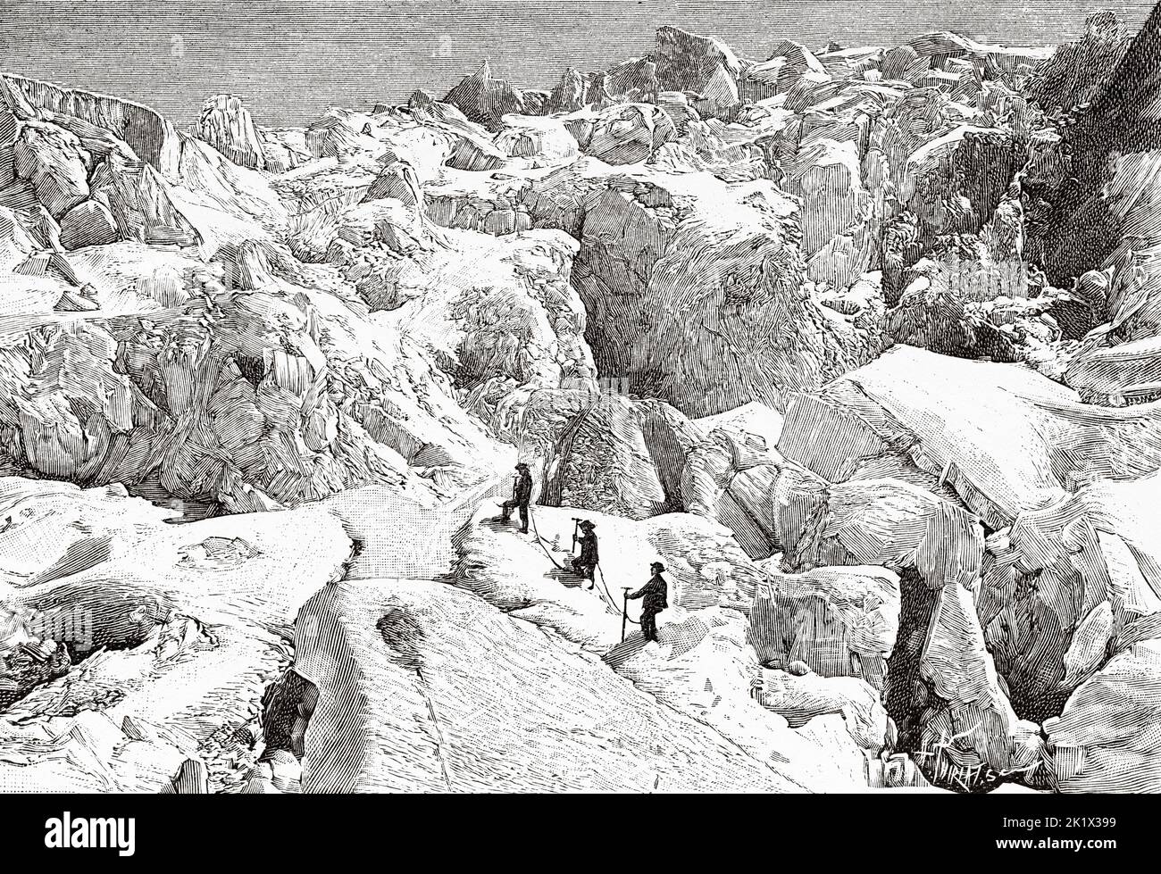 Ascension vers les Grands-Mulets, en passant par la jonction. Ancienne illustration gravée du 19th siècle de la nature 1890 Banque D'Images