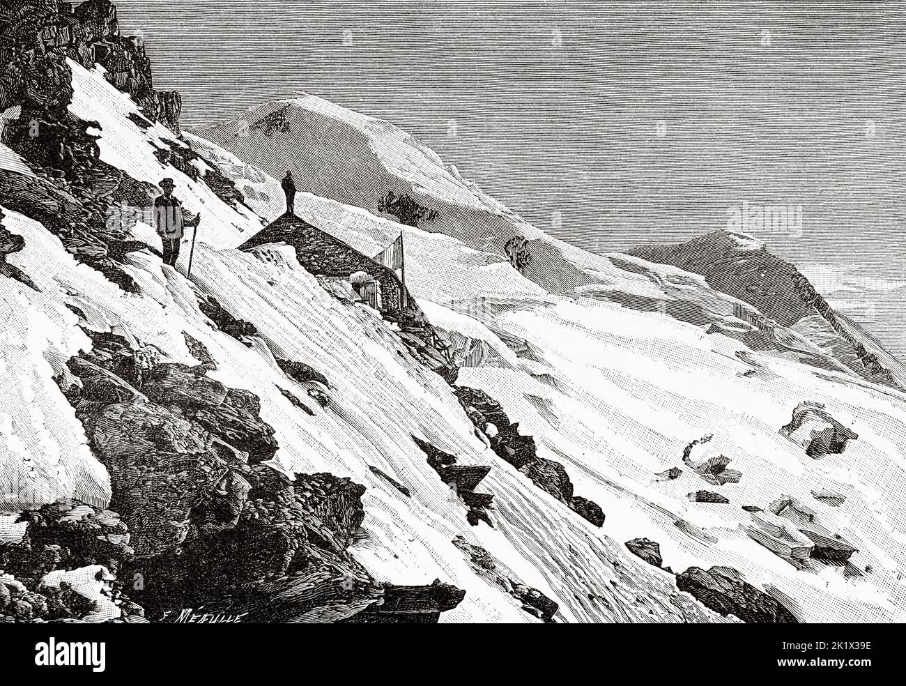 La cabane des Grands-Mulets au Mont-blanc. Ancienne illustration gravée du 19th siècle de la nature 1890 Banque D'Images