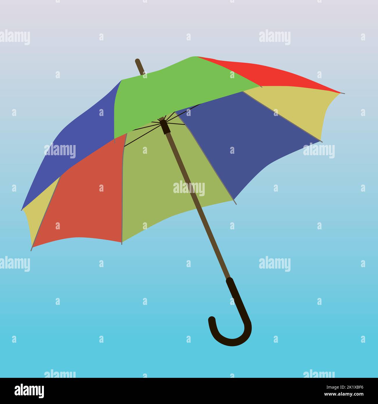 Illustration vectorielle d'un parapluie coloré. Les couleurs sont le rouge, le bleu jaune et le vert. Le parasol est incliné et l'arrière-plan est un dégradé bleu Illustration de Vecteur