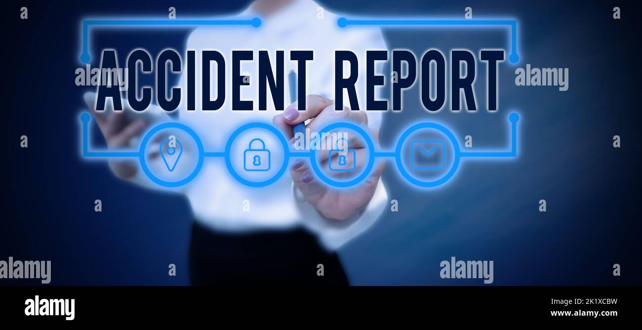 Affiche affichant le rapport d'accident un formulaire qui est rempli pour consigner les détails d'un événement inhabituel. Mot pour Un formulaire qui est rempli les détails d'enregistrement d'un Banque D'Images