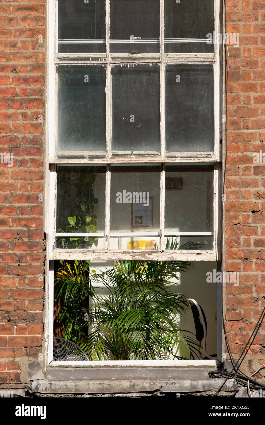 Une fenêtre partiellement ouverte dans une propriété en brique rouge. Banque D'Images