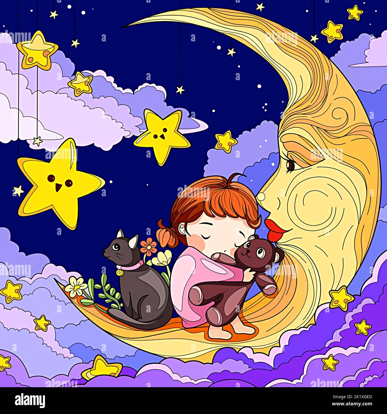 image de dessin animé d'une fille dormant sur un croissant de lune avec une poupée et son chat dans le ciel, les étoiles et les nuages la nuit Banque D'Images
