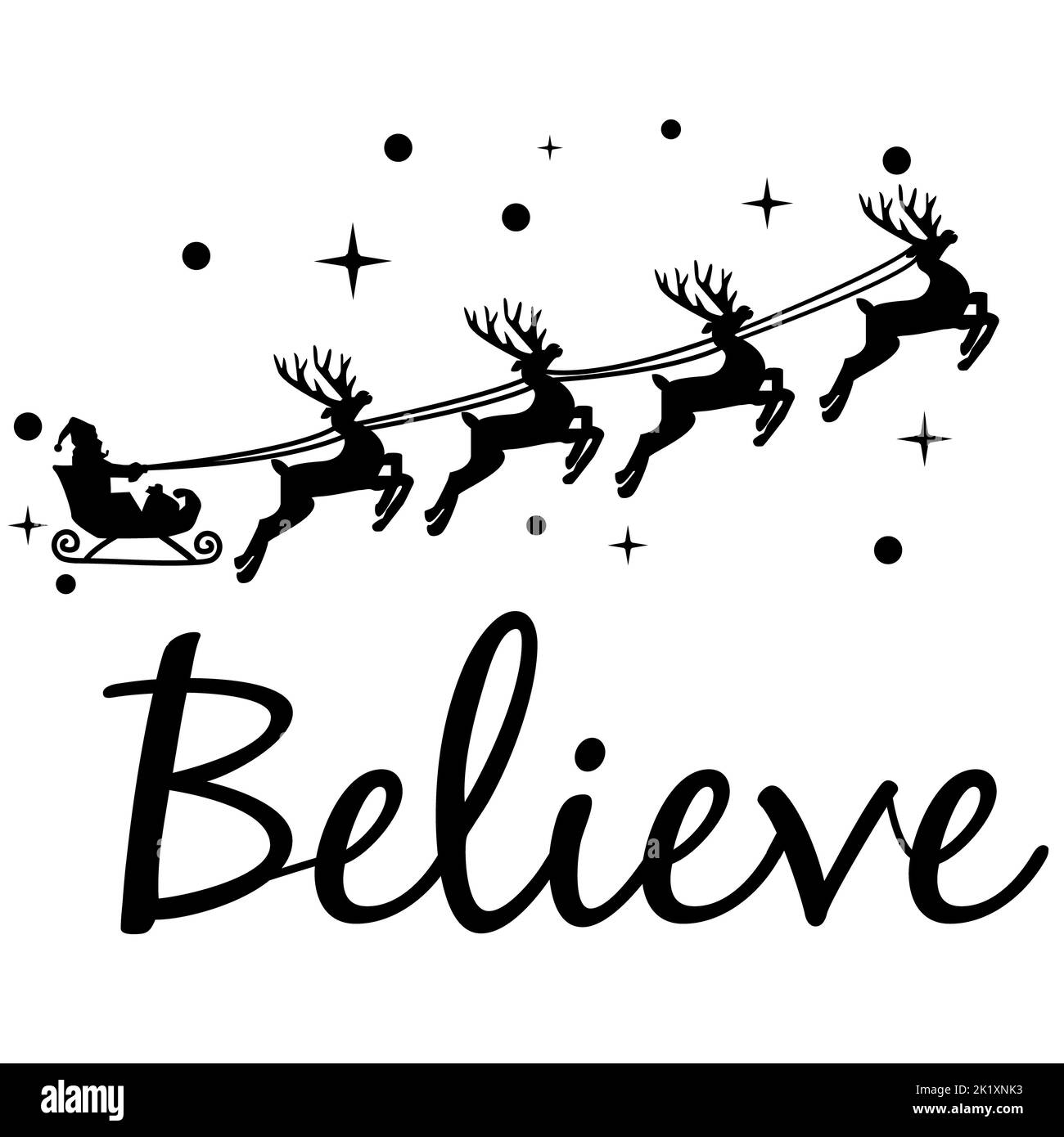 Affiche « Believe » sur fond blanc. Signe des citations de Noël. Symbole Père Noël. Croyez en le Père Noël. style plat. Banque D'Images