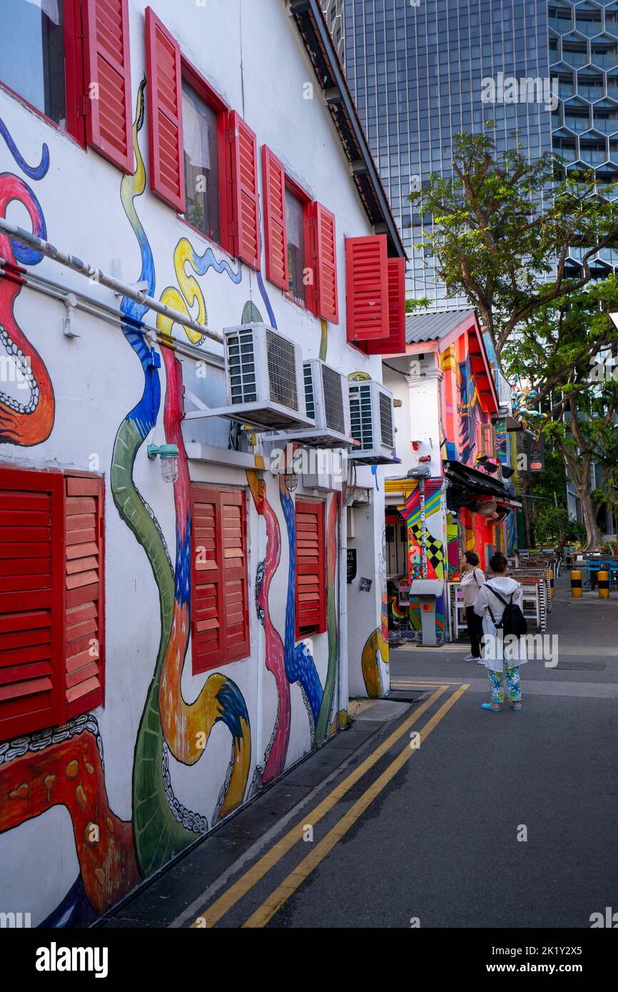 Bâtiment coloré et peintures murales à Haji Lane, Kampong Glam, Singapour Banque D'Images