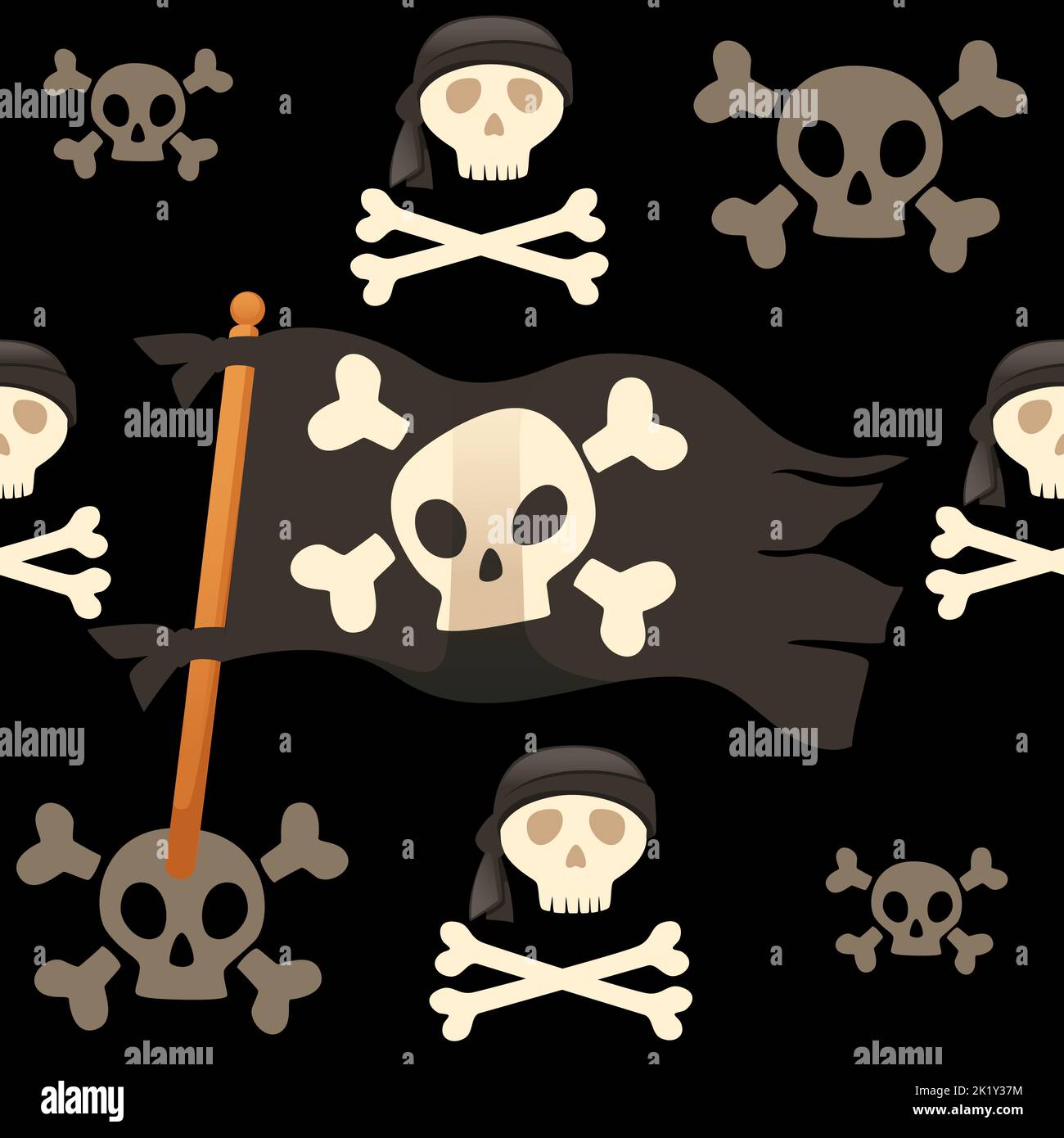 Motif sans couture drapeau pirate de couleur noire avec crâne et os illustration vectorielle sur fond sombre Illustration de Vecteur