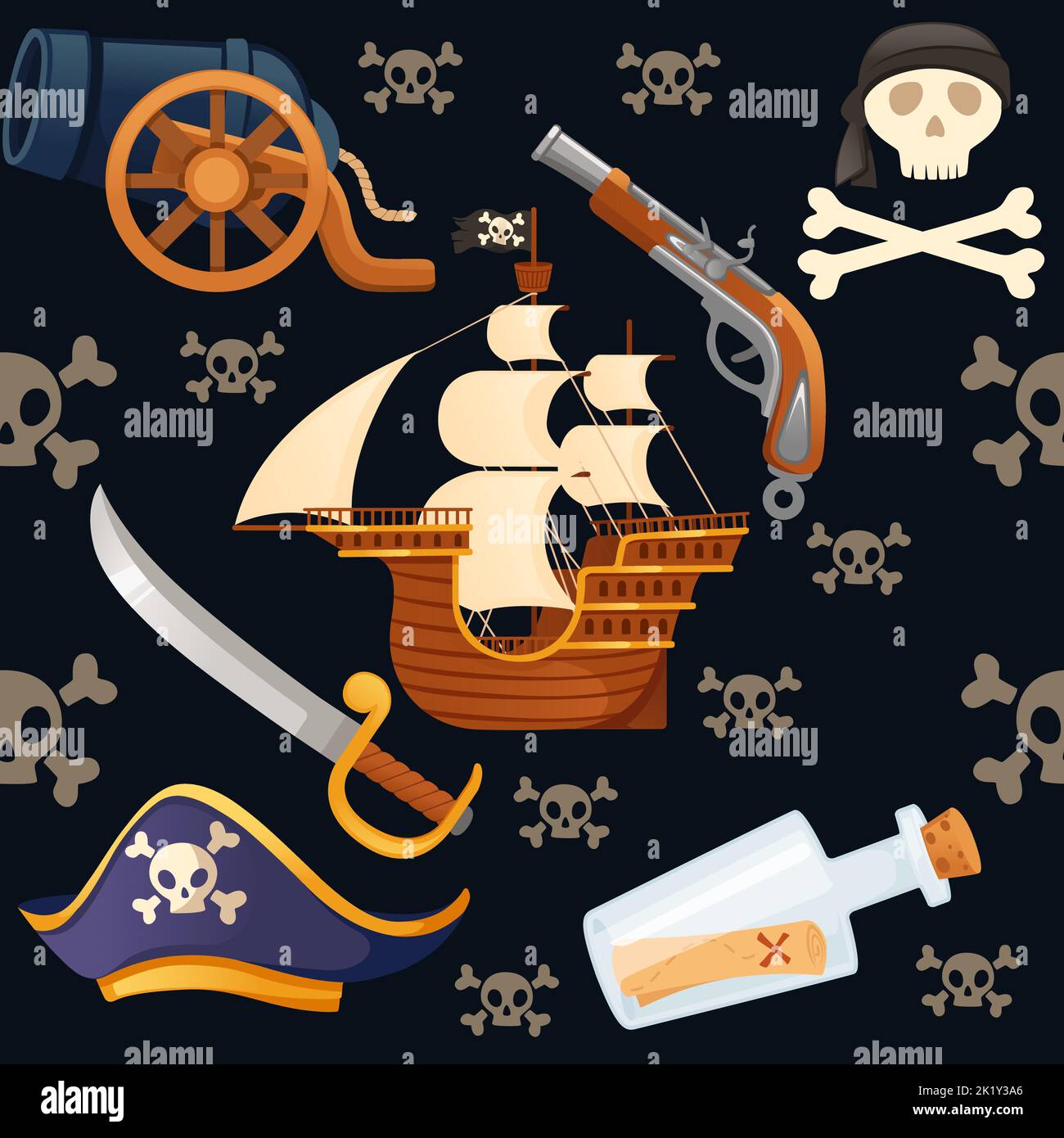 Motif fluide de thème pirate avec crâne de navire et illustration de vecteur arme sur fond sombre Illustration de Vecteur