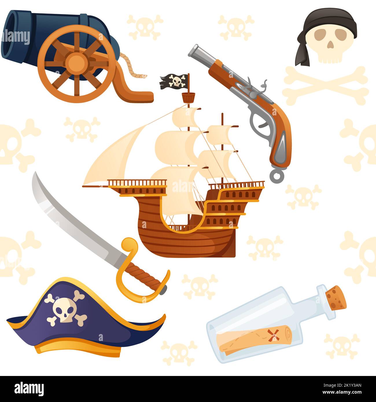 Motif fluide de thème pirate avec crâne de navire et illustration de vecteur arme sur fond blanc Illustration de Vecteur