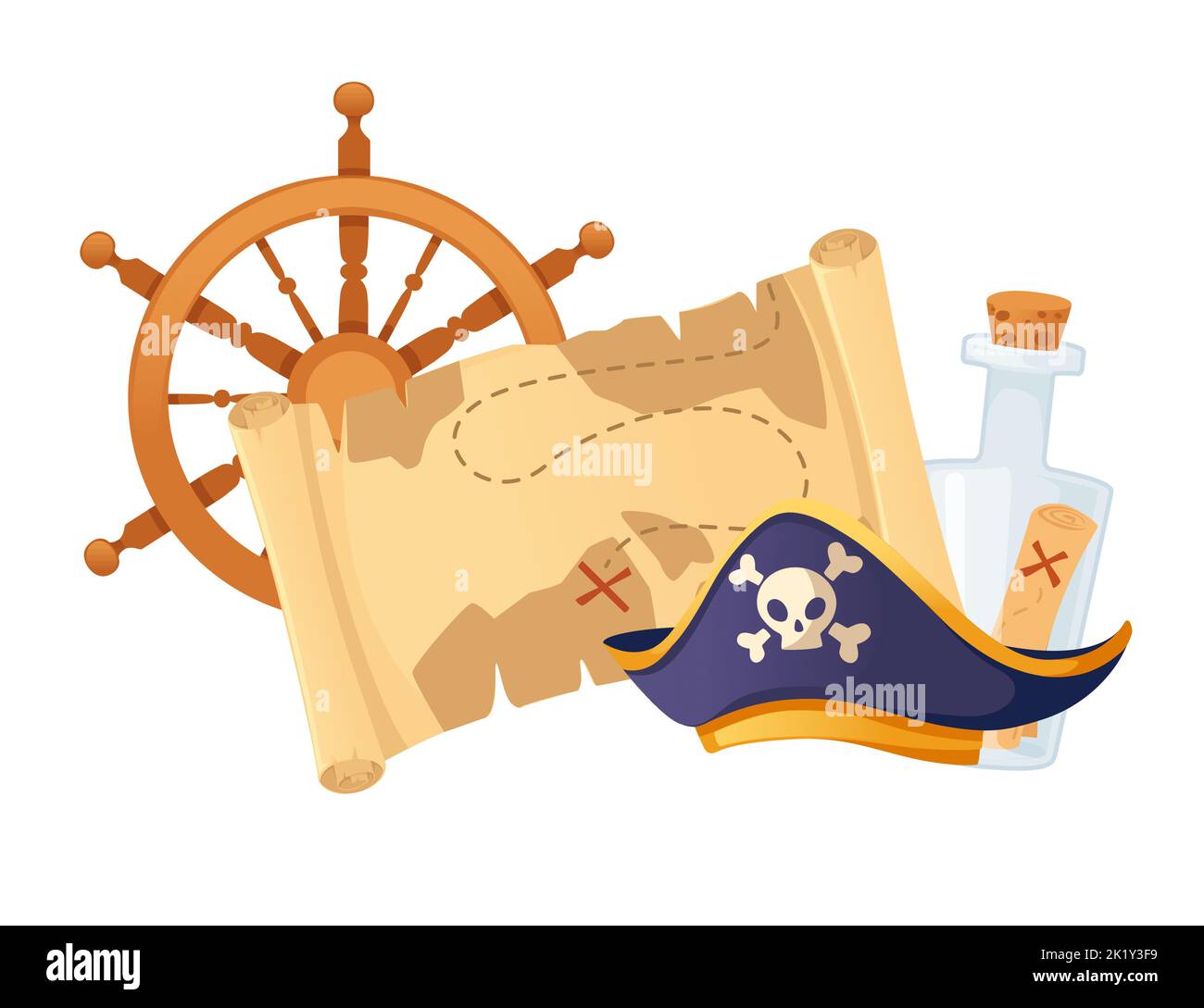 Illustration du thème pirate avec illustration du chapeau de carte de Trésor et du vecteur de barre isolée sur fond blanc Illustration de Vecteur