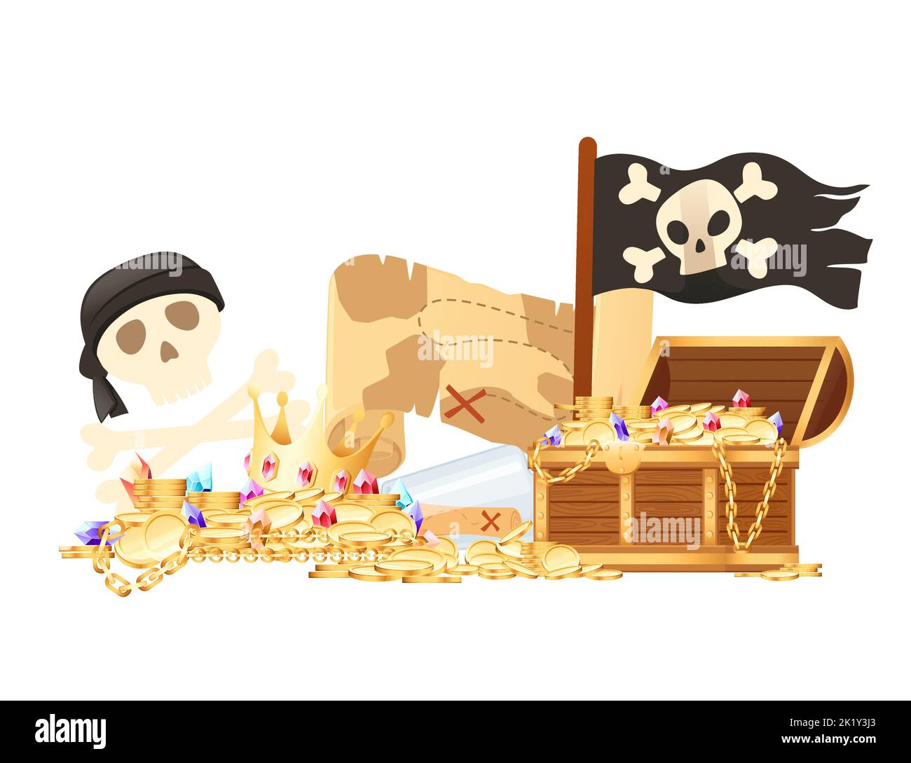Illustration du thème pirate avec chapeau de carte de Trésor et illustration vectorielle de poitrine en bois isolée sur fond blanc Illustration de Vecteur
