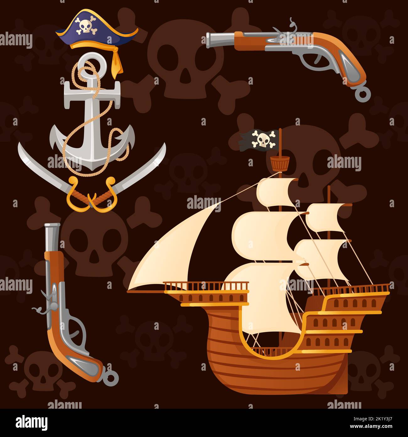 Motif fluide de thème pirate avec ancrage de navire et illustration de vecteur d'arme sur fond sombre Illustration de Vecteur