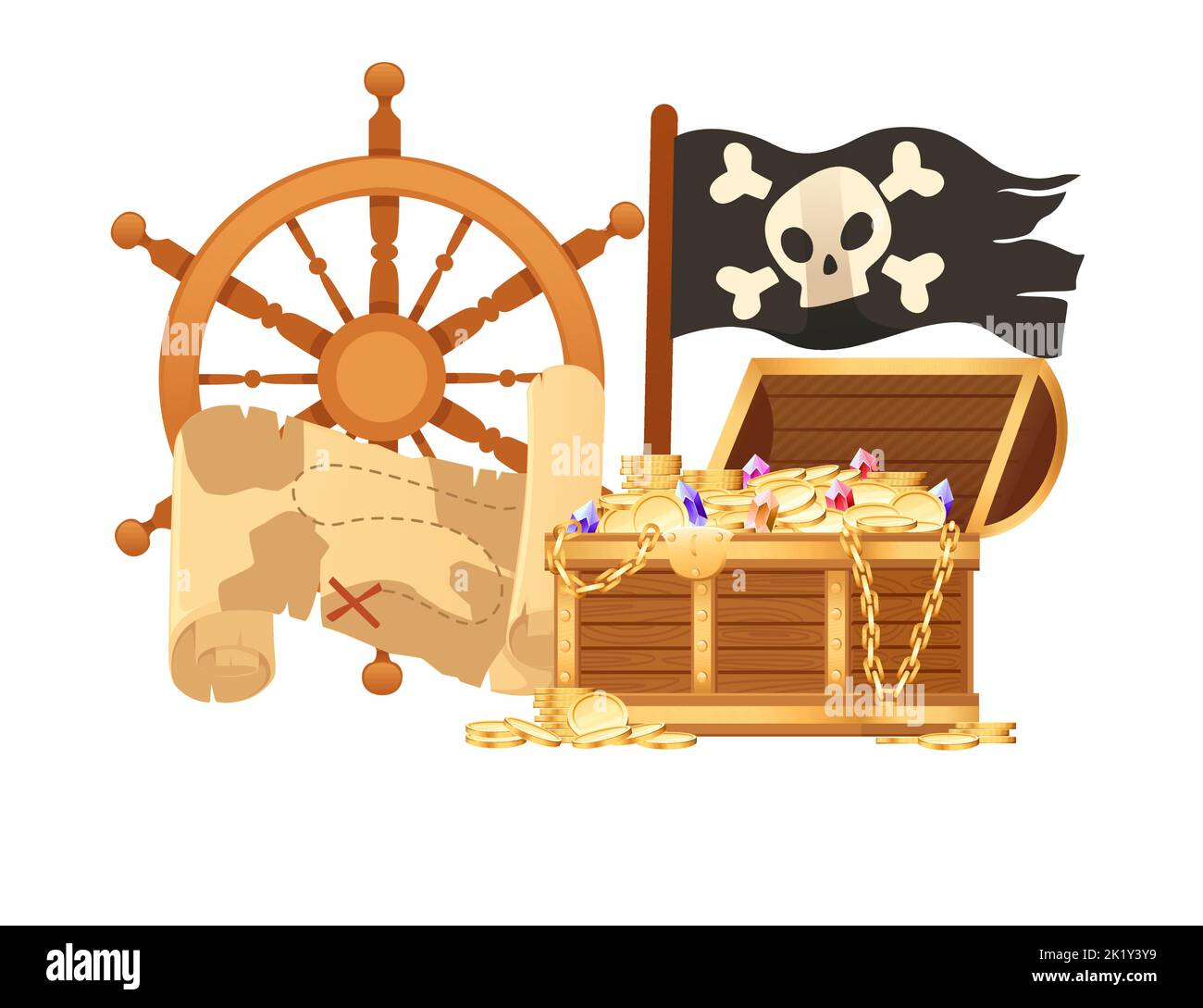 Illustration du thème pirate avec chapeau de carte de Trésor et illustration vectorielle de poitrine en bois isolée sur fond blanc Illustration de Vecteur