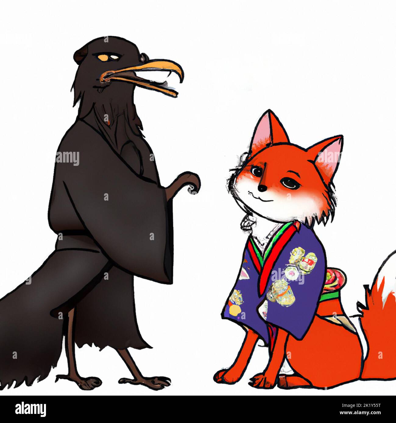 renard portant un kimono japonais et un corbeau noir illustration Banque D'Images