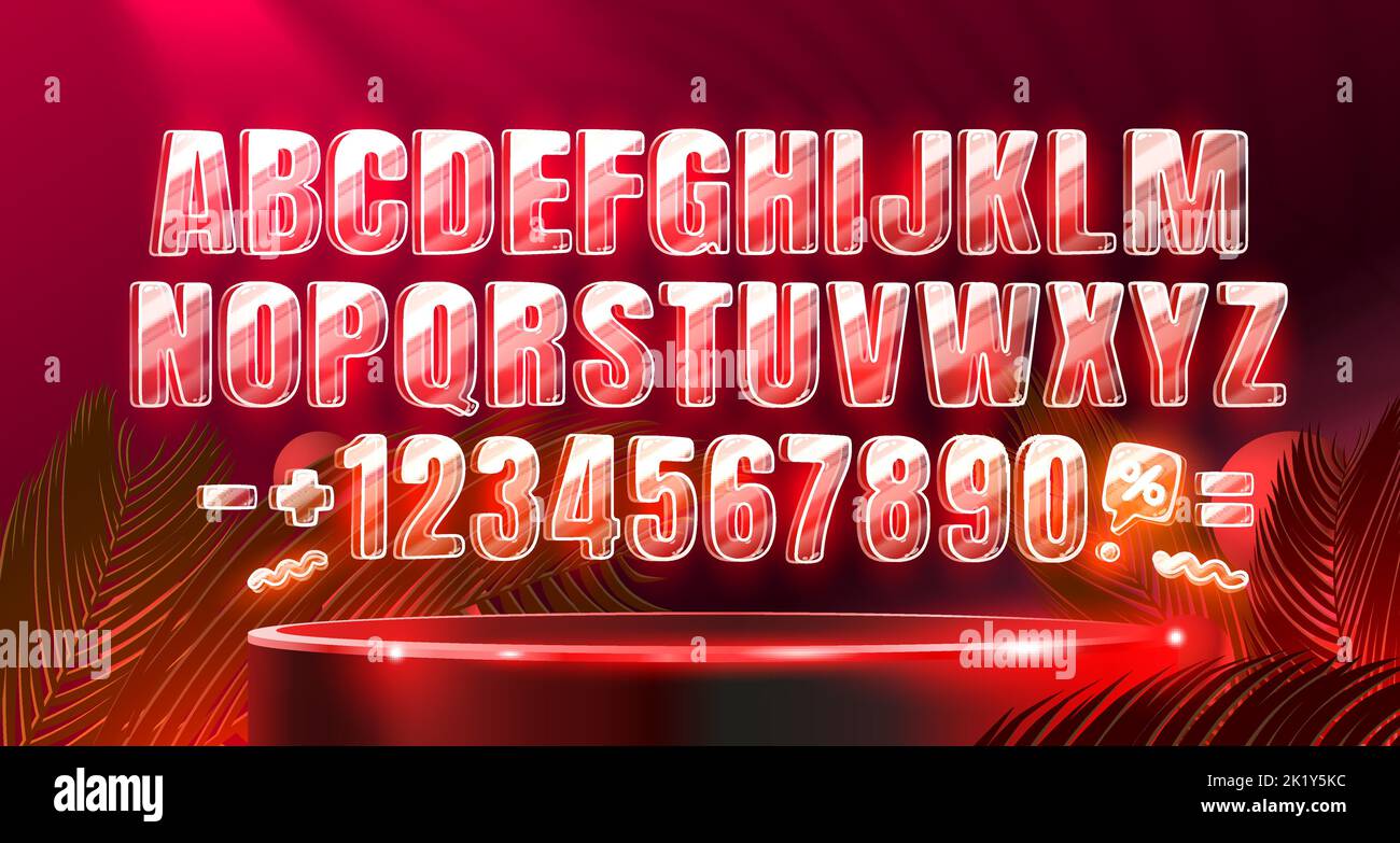 Police néon rouge, police rétro lumineuse, alphabet futuriste. Illustration vectorielle Illustration de Vecteur