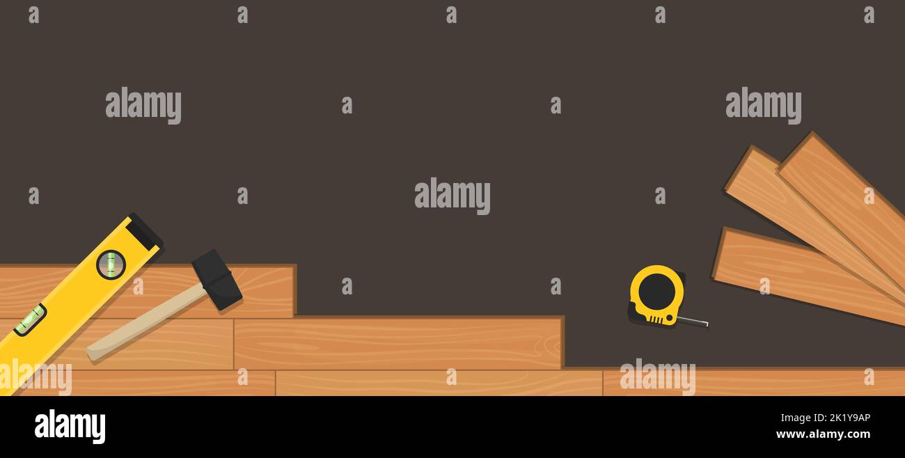 Bannière de service d'installation professionnelle de plancher de bois franc avec outils et espace de copie Illustration de Vecteur