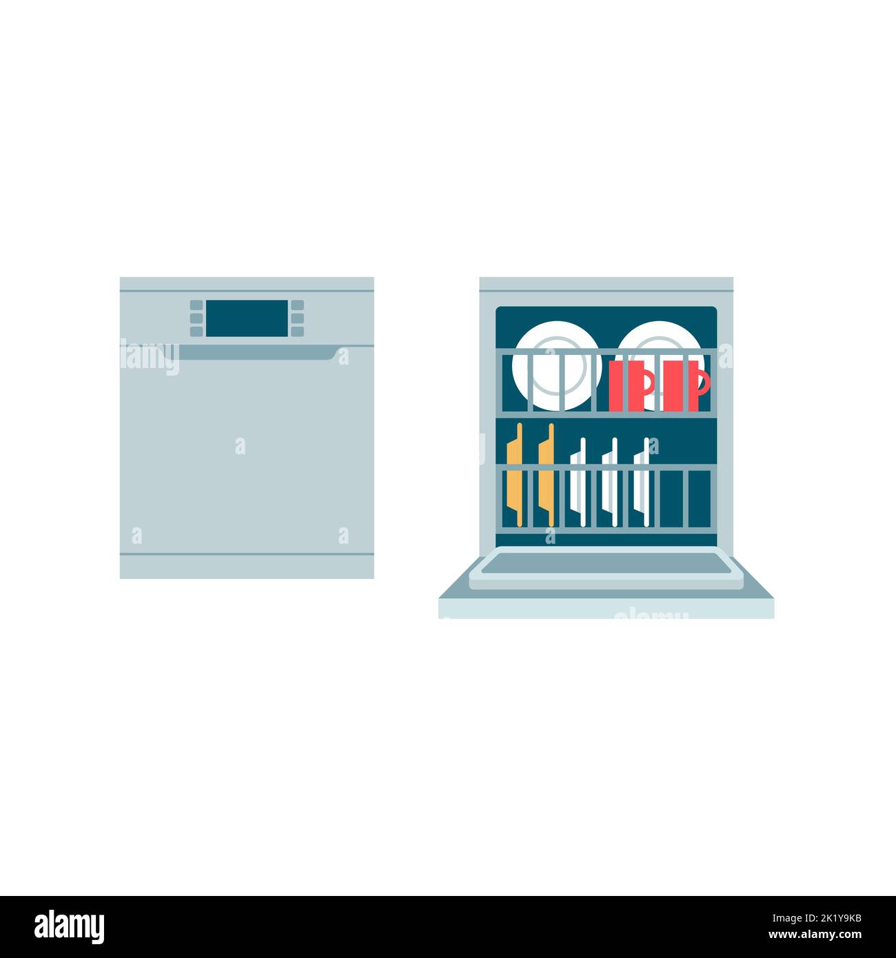 Lave-vaisselle fermé et ouvert sur fond blanc, concept d'appareils ménagers Illustration de Vecteur