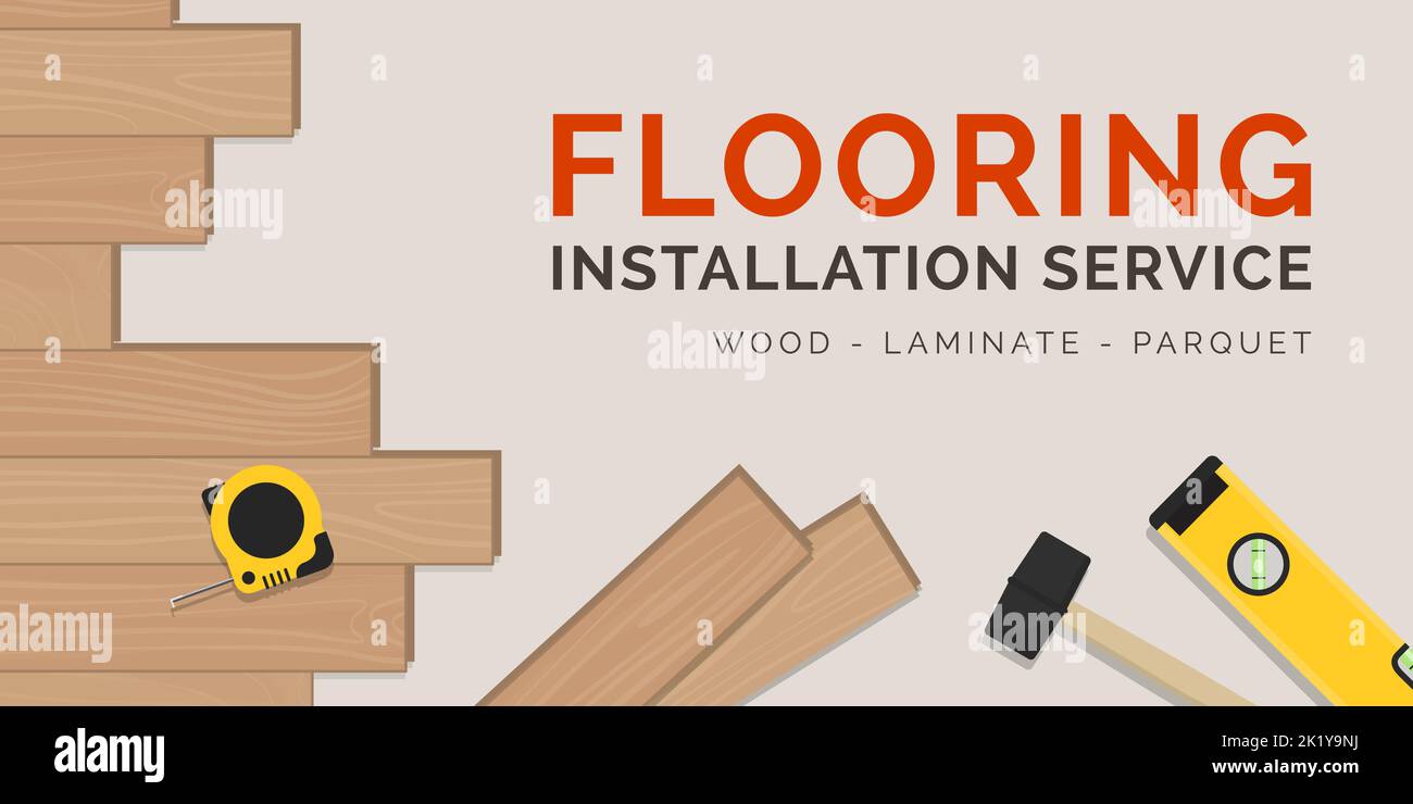 Bannière de service d'installation professionnelle de plancher de bois franc avec outils et espace de copie Illustration de Vecteur