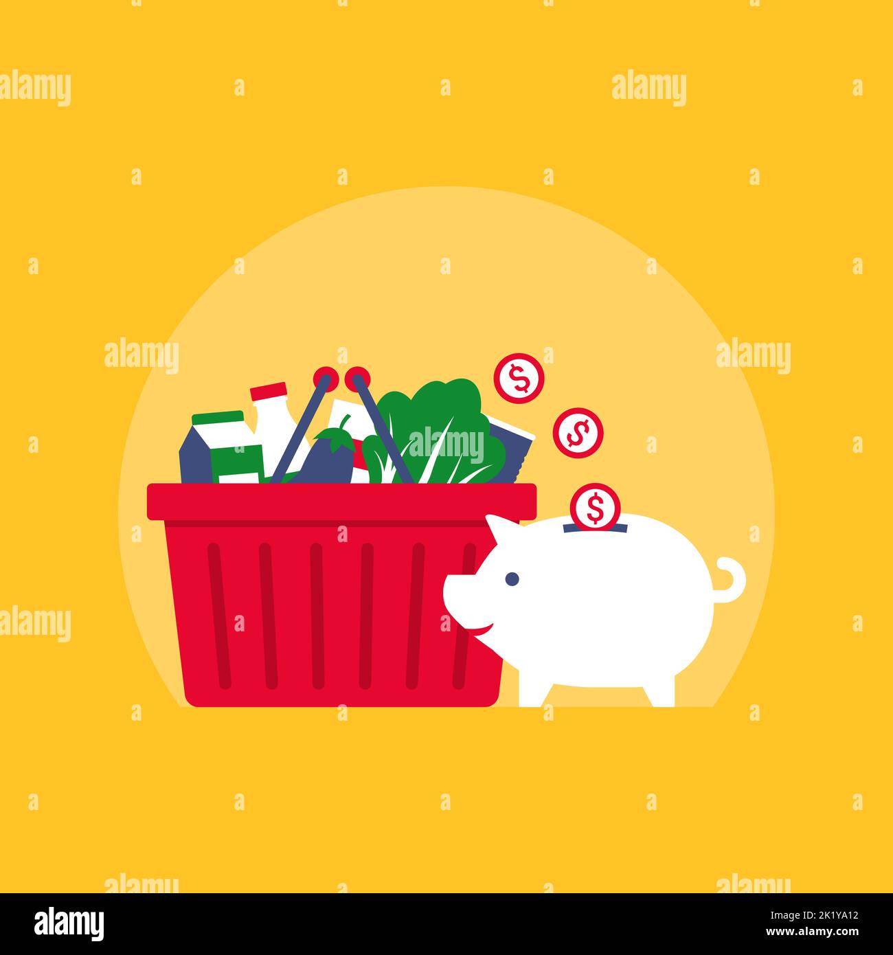 Économisez de l'argent sur les produits d'épicerie : panier complet et pièces de monnaie tombant dans une banque de pigeons Illustration de Vecteur