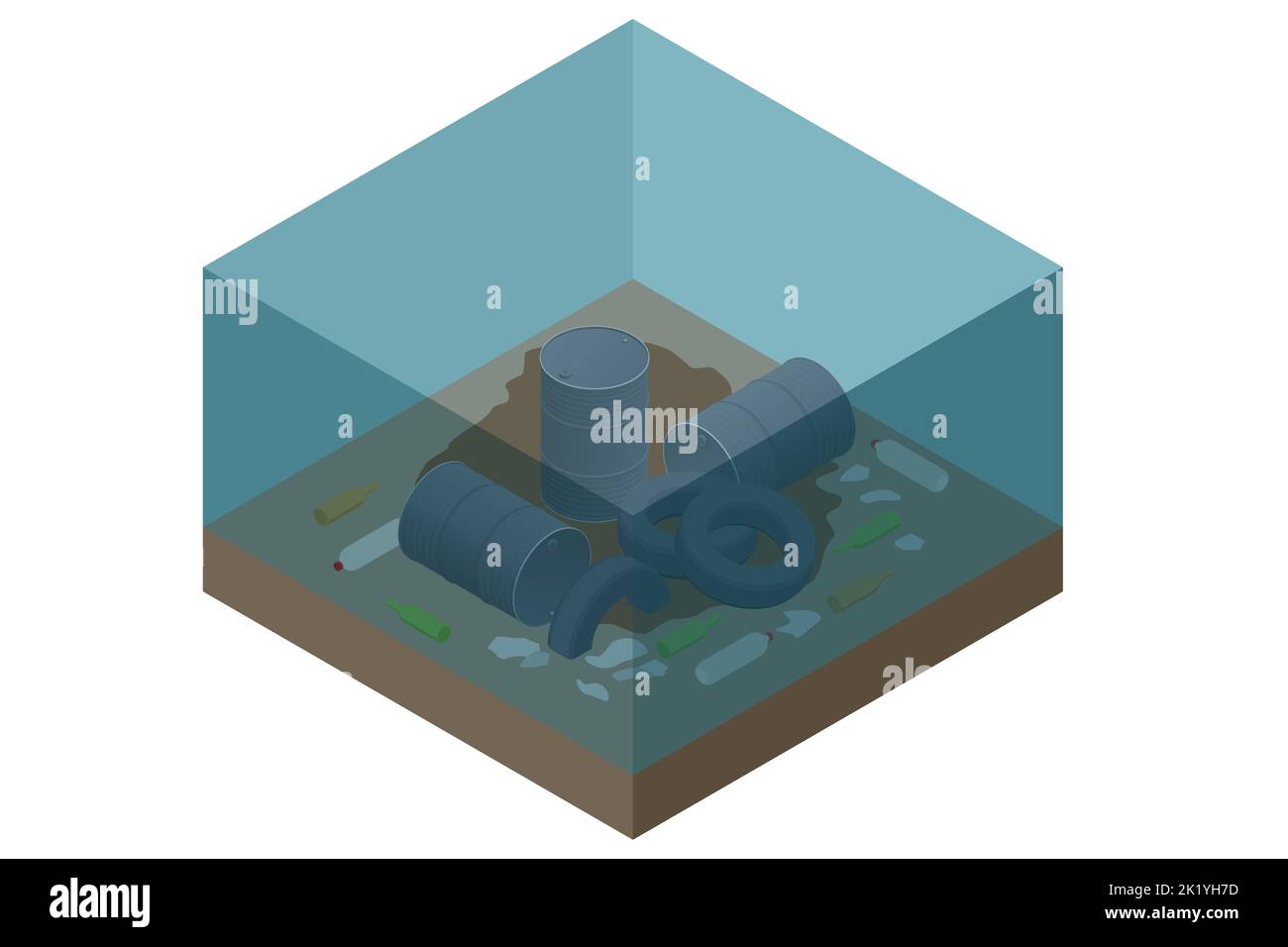 Pollution isométrique des déchets par les eaux et le fond des rivières, des lacs ou des océans. La pollution de l'eau au fond sont des pneus, des barils, des ordures Illustration de Vecteur