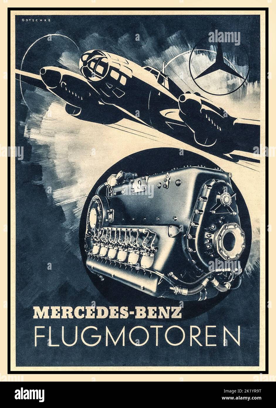1940s Mercedes WW2 affiche Publicité pour Mercedes moteur d'aviation en Allemagne nazie bombardier Heinkel He 111 Mainstay de la Luftwaffe Bomber Force dans la Seconde Guerre mondiale 'Flugmotoren' Mercedes-Benz Stuttgart - Unterturkheim Allemagne nazie Seconde Guerre mondiale Banque D'Images