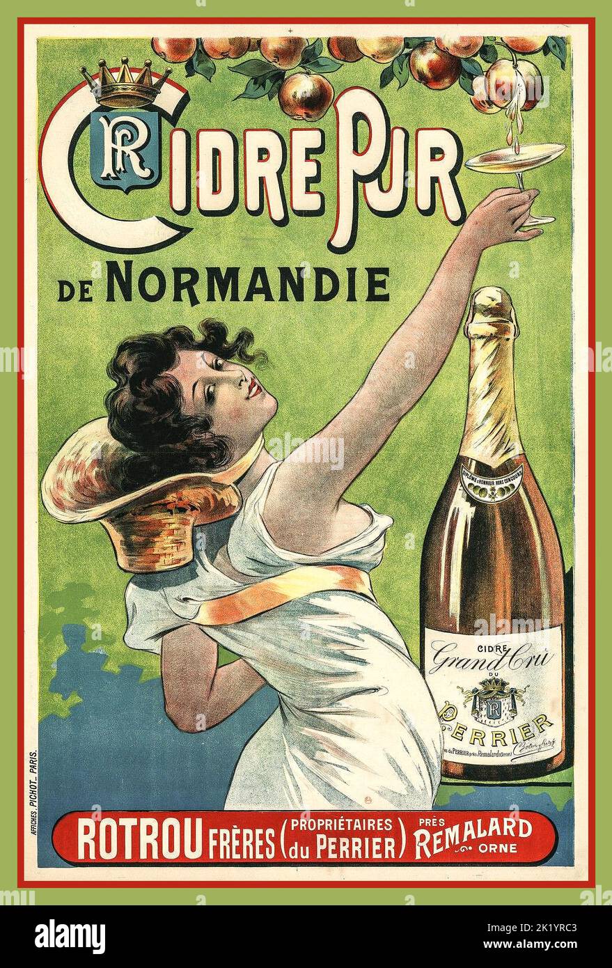 Vintage 1900s French drinks Poster {Cidre} Cider drinks of {Normandie} Normandie France 'CIDRE PUR' Grand cru boisson alcoolisée produite par Perrier à partir d'pommes françaises. Banque D'Images
