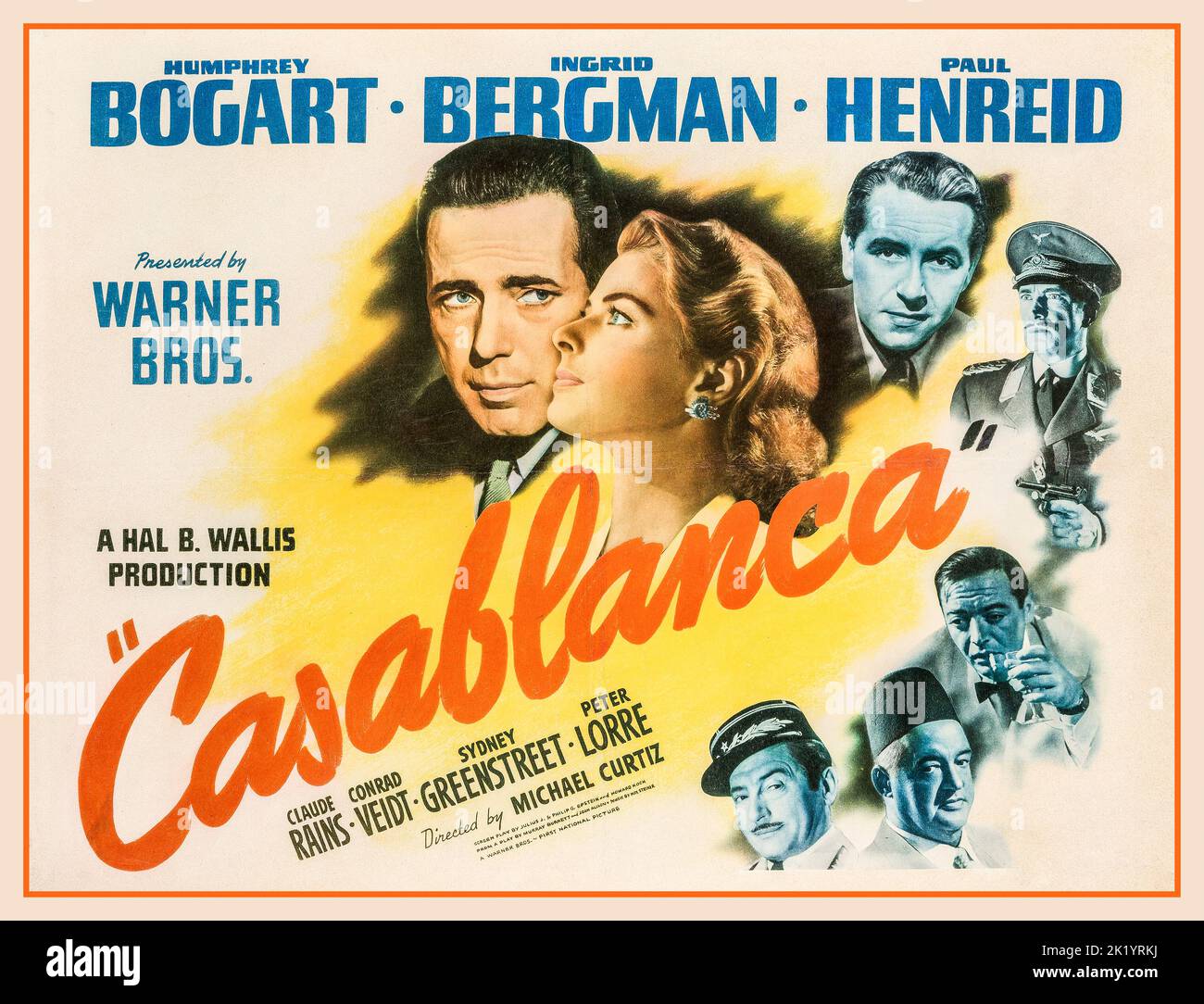 CASABLANCA 1940 Vintage affiche de film film Casablanca un drame romantique américain 1942 film de Michael Curtiz. Le film stars Humphrey Bogart, Ingrid Bergman, Paul Henreid et ; il dispose également Claude Rains, Conrad Veidt, Sydney Greenstreet, Peter Lorre, et Dooley Wilson. Pendant la Seconde Guerre mondiale, il s'articule autour d'un expatrié français qui doit choisir entre son amour pour une femme et de l'aidant et son mari, un chef de la résistance tchèque, s'échapper de la ville sous contrôle de Vichy de Casablanca pour continuer sa lutte contre les Nazis Banque D'Images