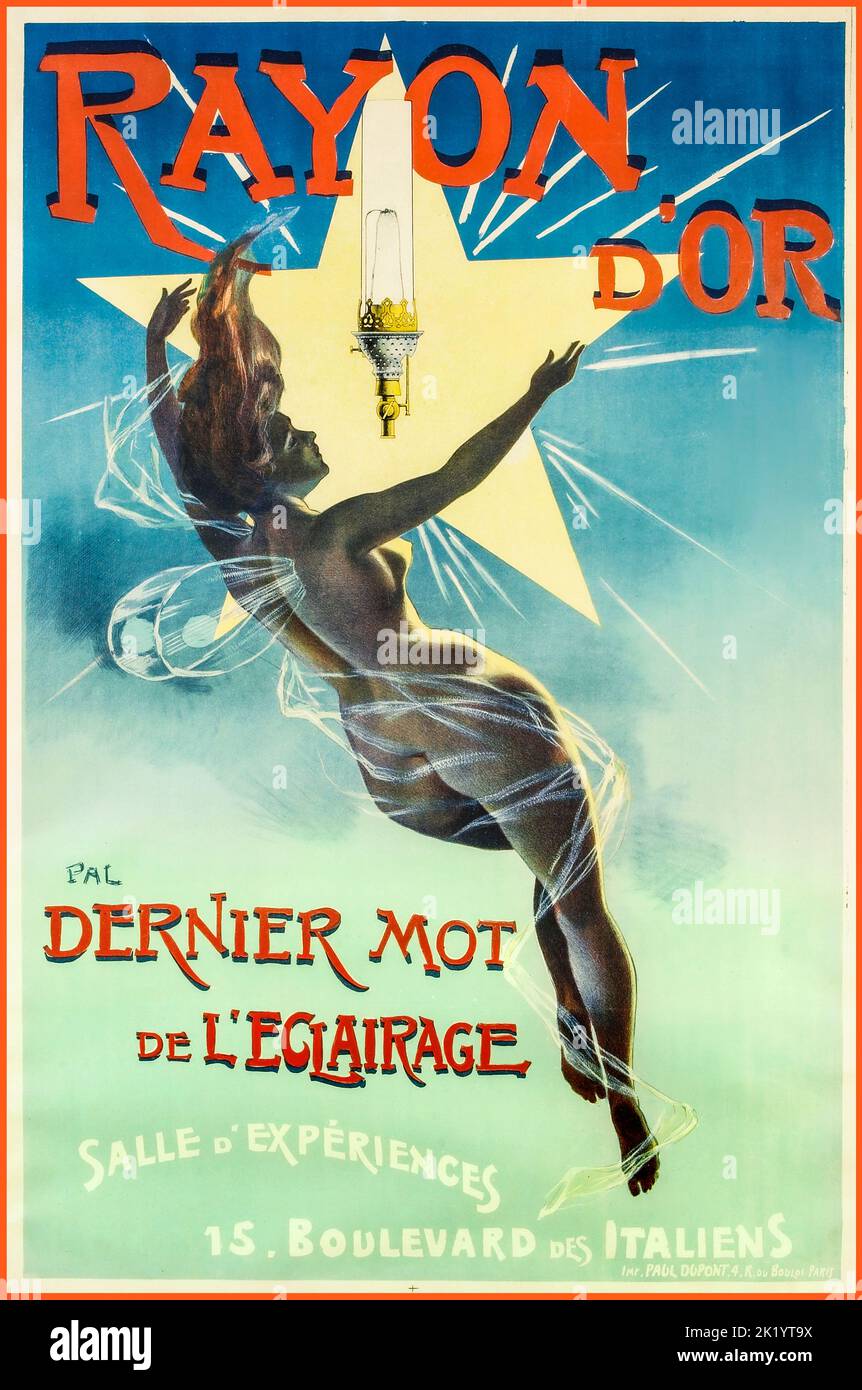 RAYONNE d'OR ÉCLAIRANT Une affiche publicitaire fantaisie française 1900s montrant une femme nue portant des ailes de perssamer allant vers la lumière d'une étoile avec un luminaire « Rayon d'Or ». Artiste Jean de Paléologue (1855-1942) - Paris France Banque D'Images