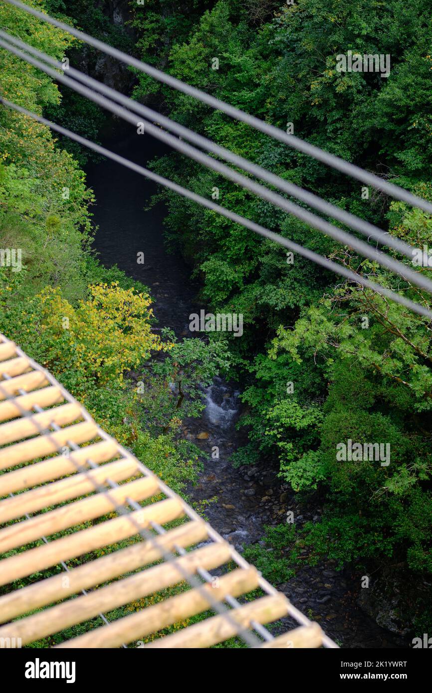 Vue rapprochée grand angle d'un pont en bois d'un simple pont suspendu pour le passage de la rivière. Mise au point sélective. Forêt et rivière en arrière-plan. Banque D'Images