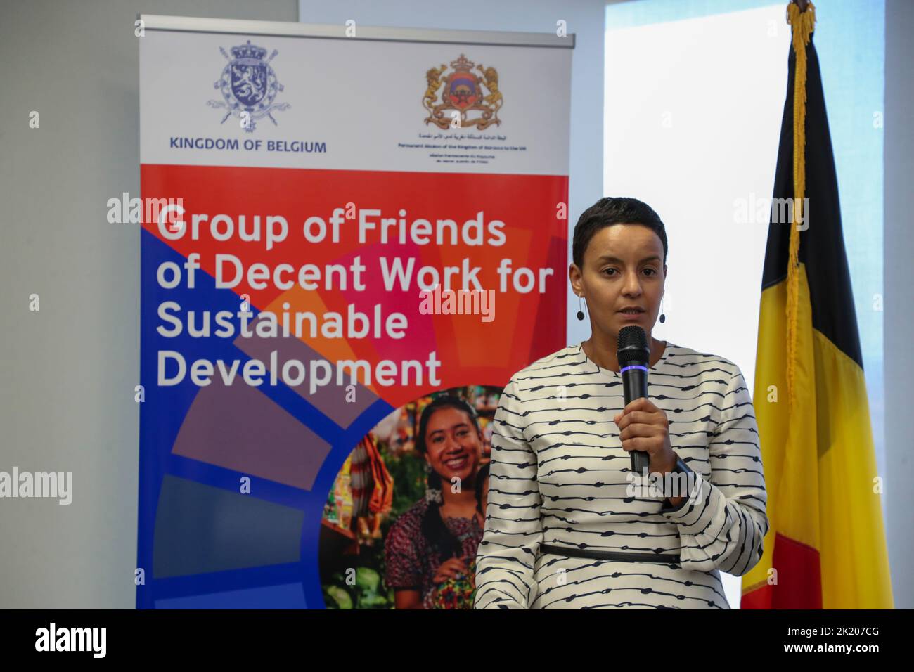 New York, États-Unis d'Amérique, 21 septembre 2022. Meryame Kitir, ministre de la coopération pour le développement, a pris la photo lors d'une réception d'adieu en l'honneur de Guy Rider, Directeur général de l'Organisation internationale du travail (OIT), en marge de la session de 77th de l'Assemblée générale des Nations Unies (AGNU 77), à New York, États-Unis d'Amérique, le mercredi 21 septembre 2022. BELGA PHOTO NICOLAS MATERLINCK Banque D'Images