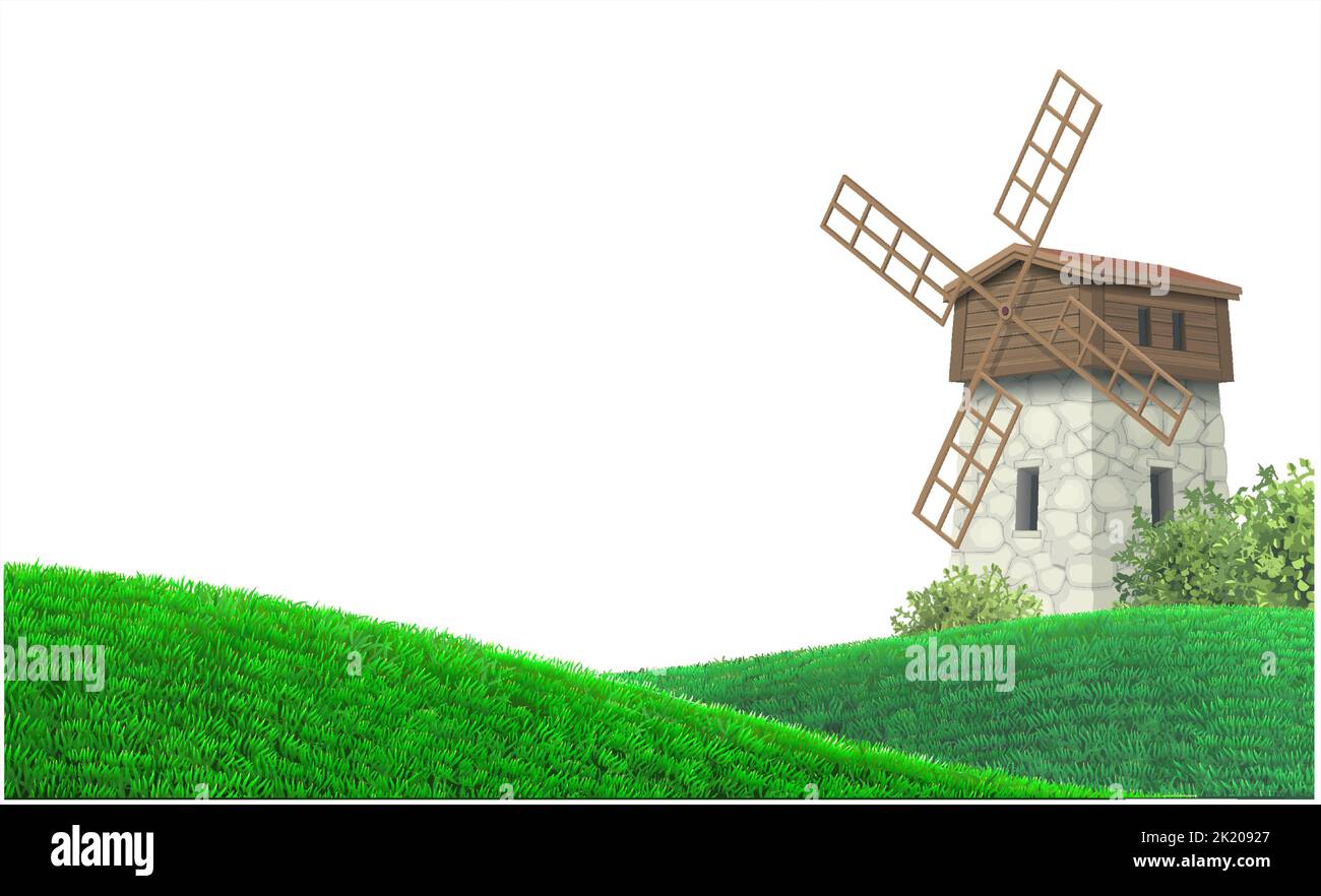 Paysage de moulin à vent vintage et de collines vertes Illustration de Vecteur