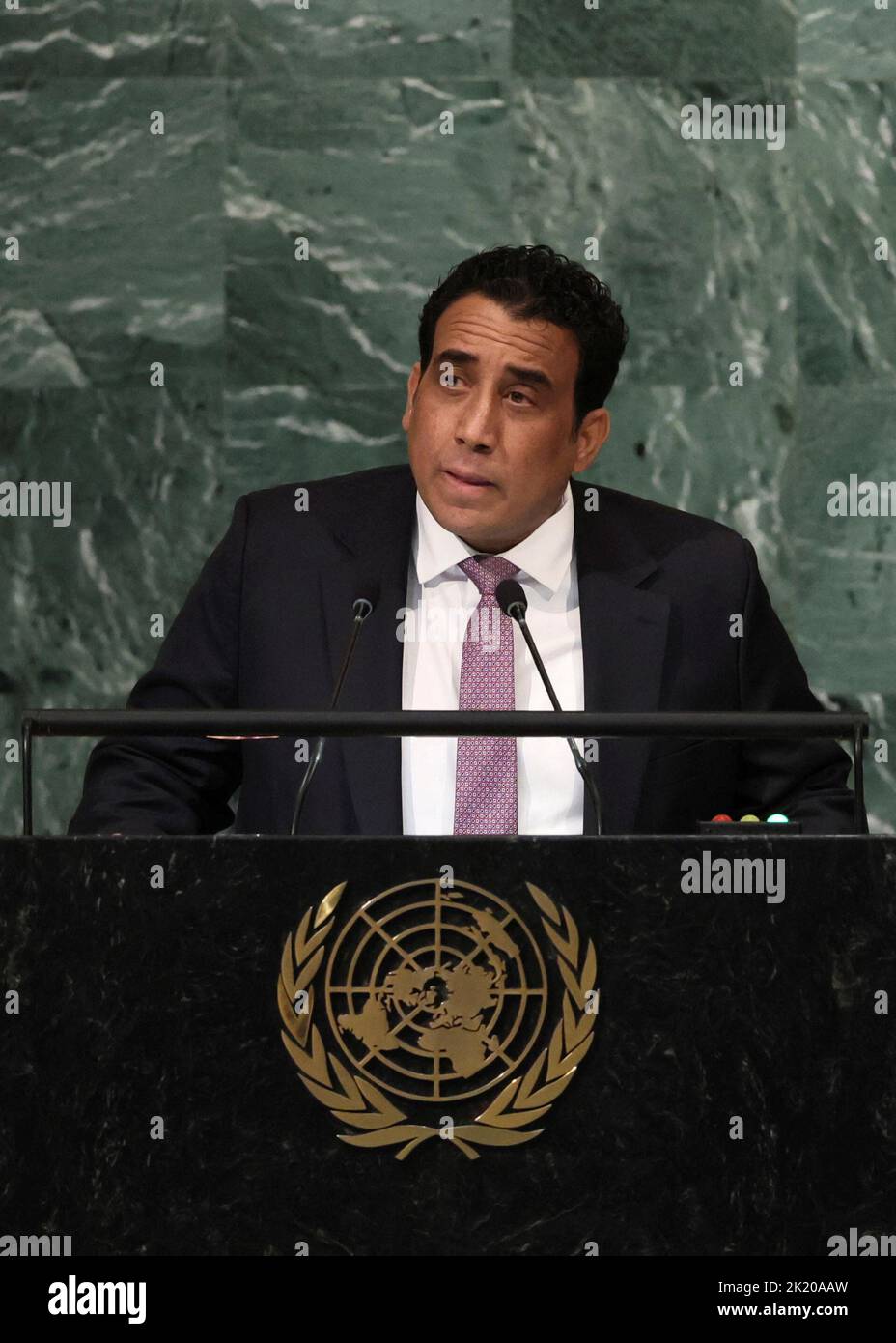 Le président libyen, Mohamed Younis Menfi, s'adresse à la session de 77th de l'Assemblée générale des Nations Unies au siège de l'ONU à New York, aux États-Unis, au 21 septembre 2022. REUTERS/Brendan McDermid Banque D'Images