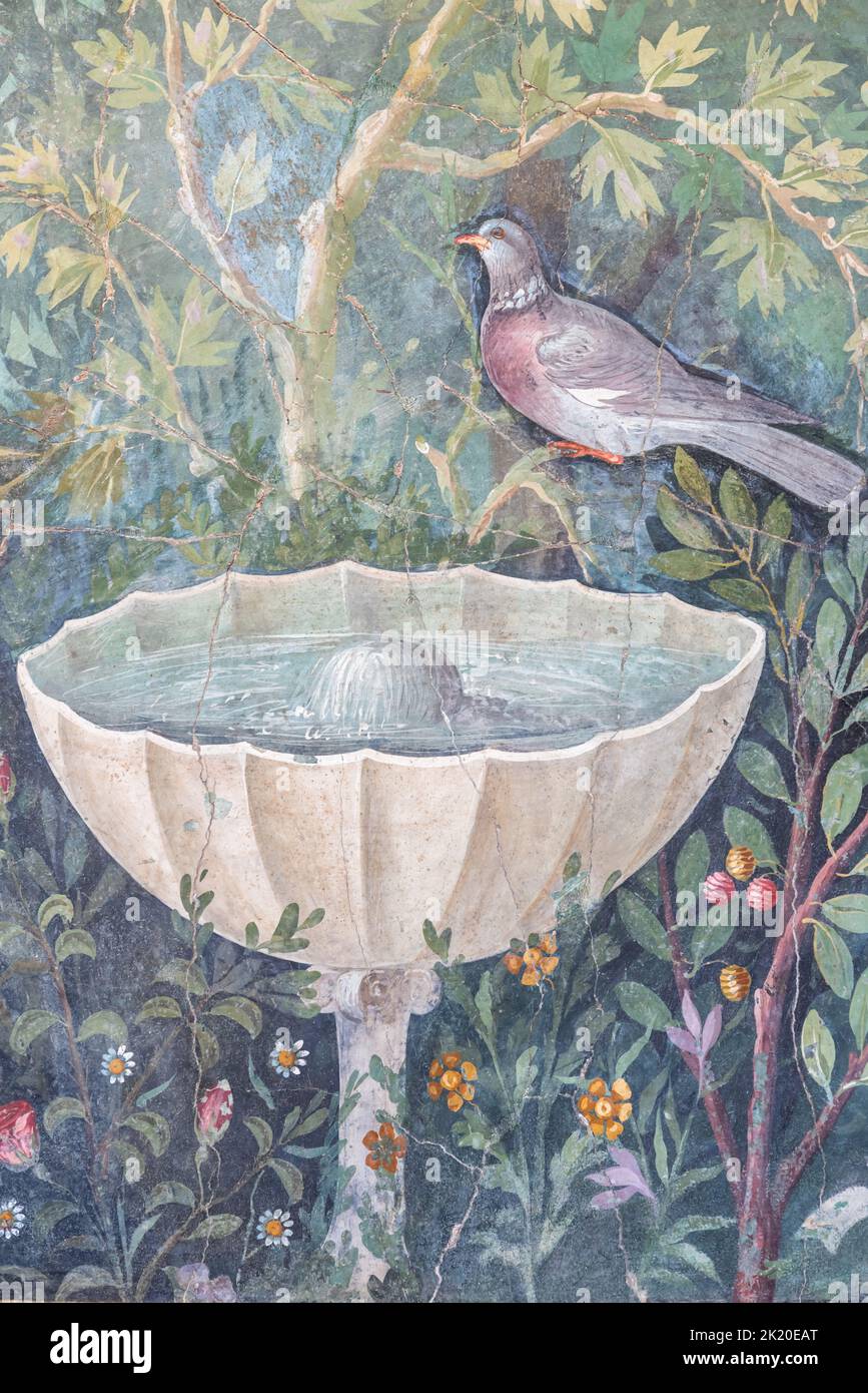 Détail de l'ancienne fresque romaine colorée montrant un pigeon sur une fontaine de jardin Banque D'Images