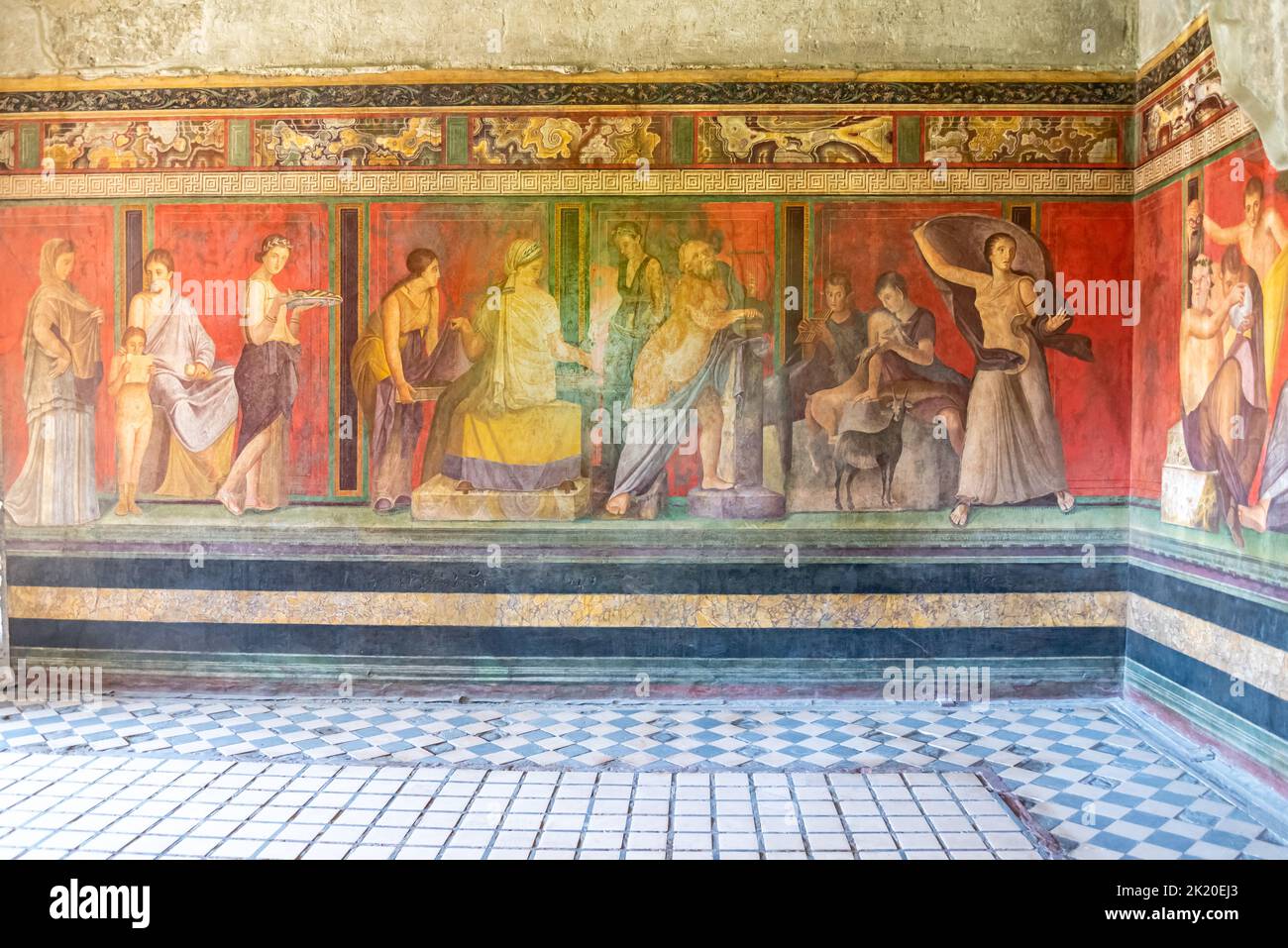 Belles et très bien conservées anciennes fresques romaines décorant la vieille maison à Pompéi Banque D'Images